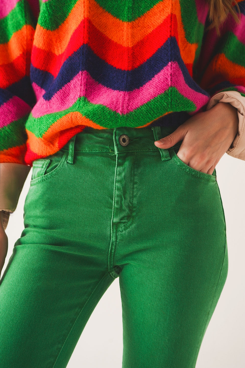 Jean flare taille haute en vert