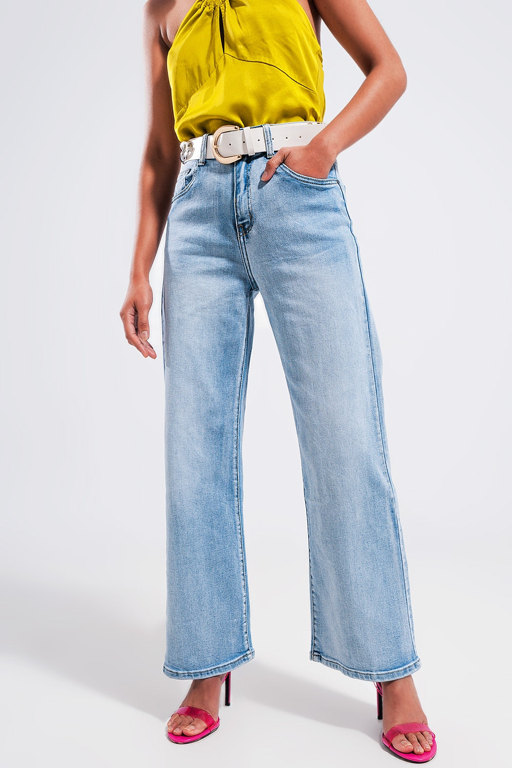 Q2 Jean large à taille ultra haute Délavage clair