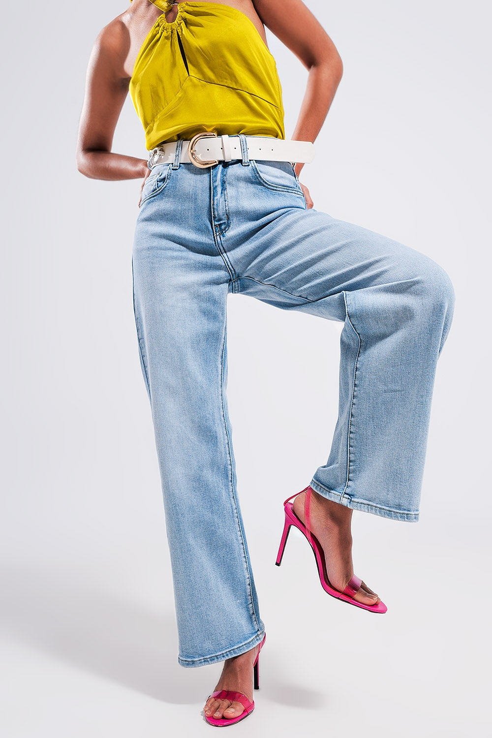 Jean large à taille ultra haute Délavage clair