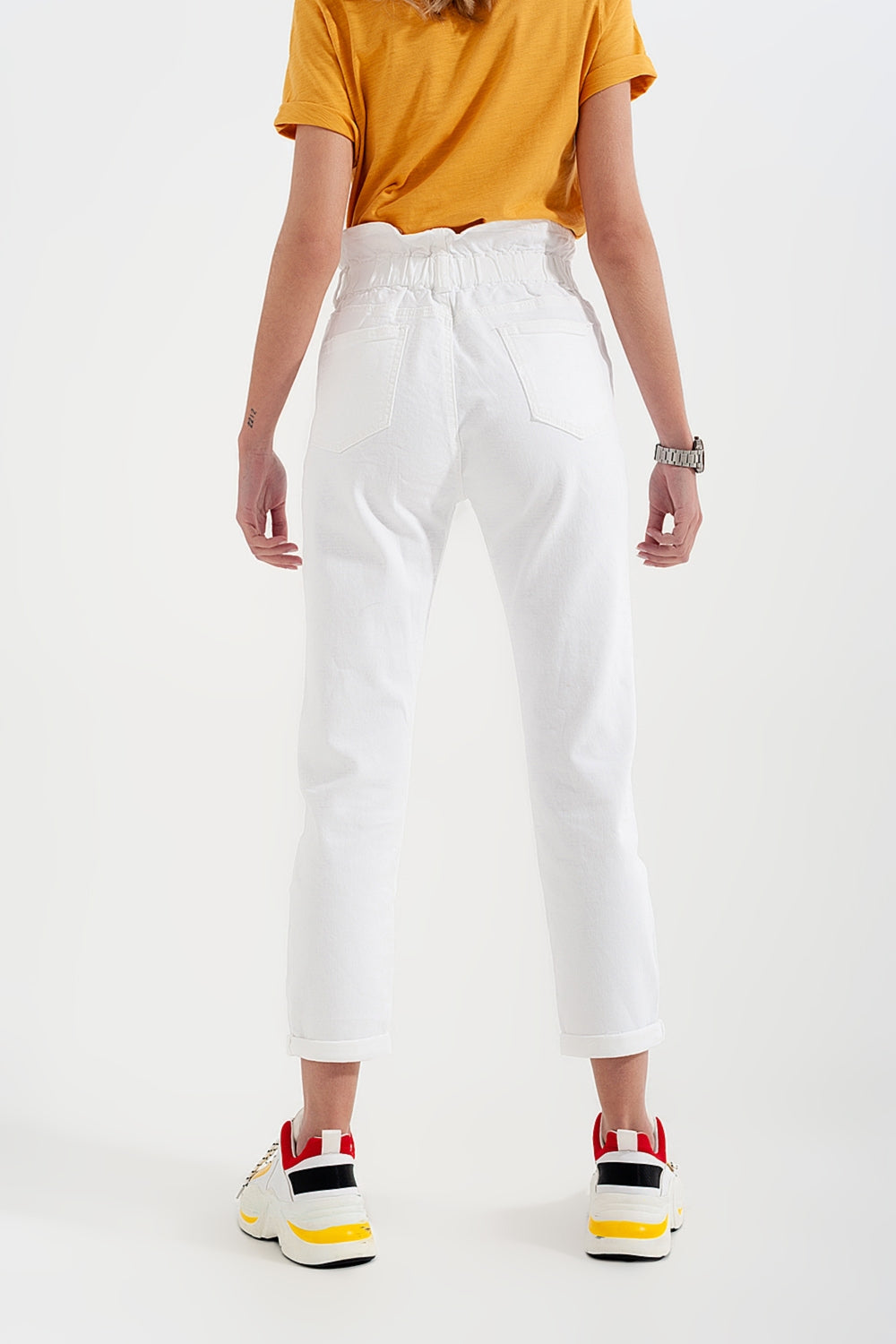 Jean mom à élastique taille haute froncée blanc