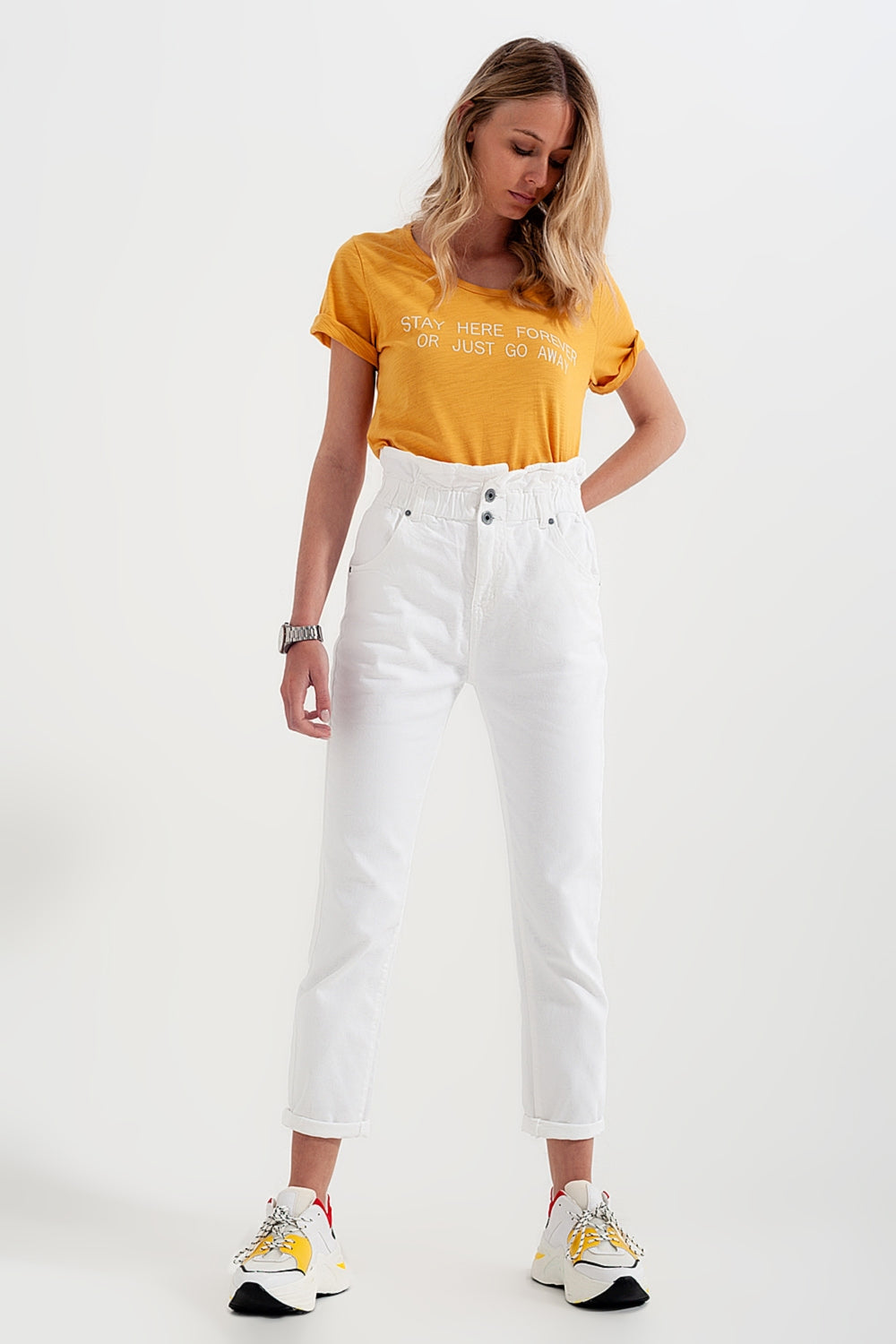 Jean mom à élastique taille haute froncée blanc