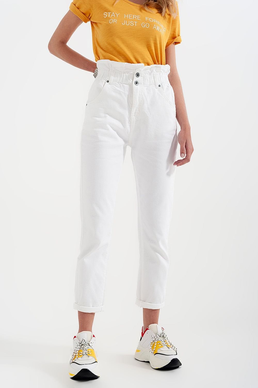 Jean mom à élastique taille haute froncée blanc