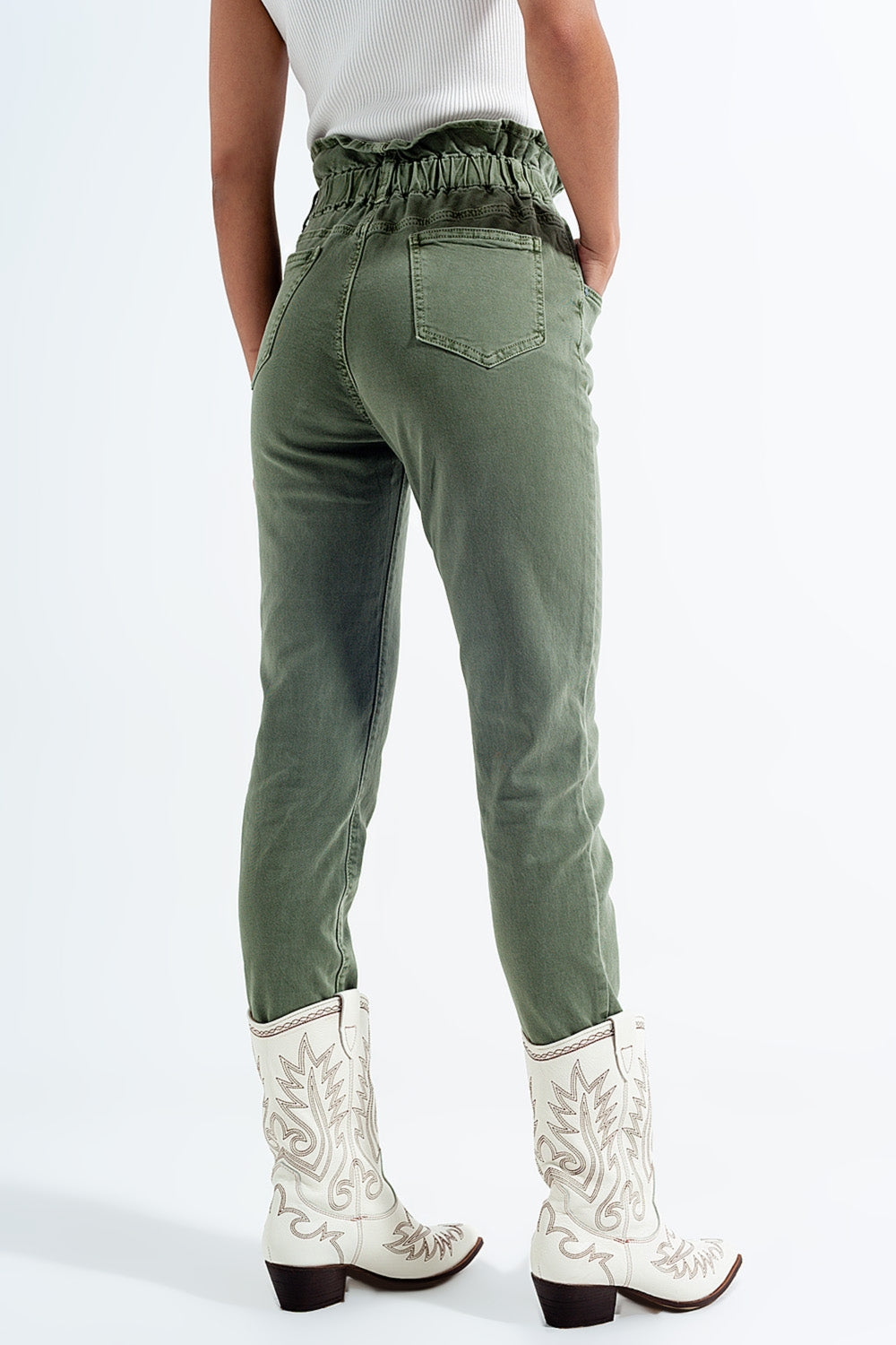 Jean mom à élastique taille haute froncée kaki
