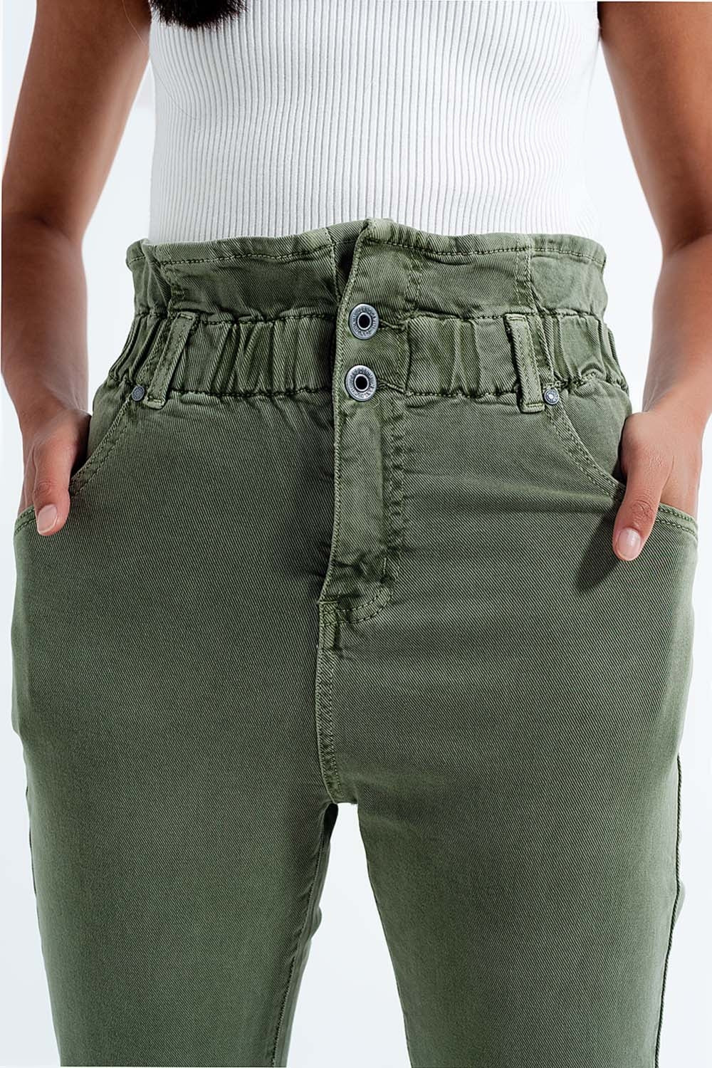 Jean mom à élastique taille haute froncée kaki