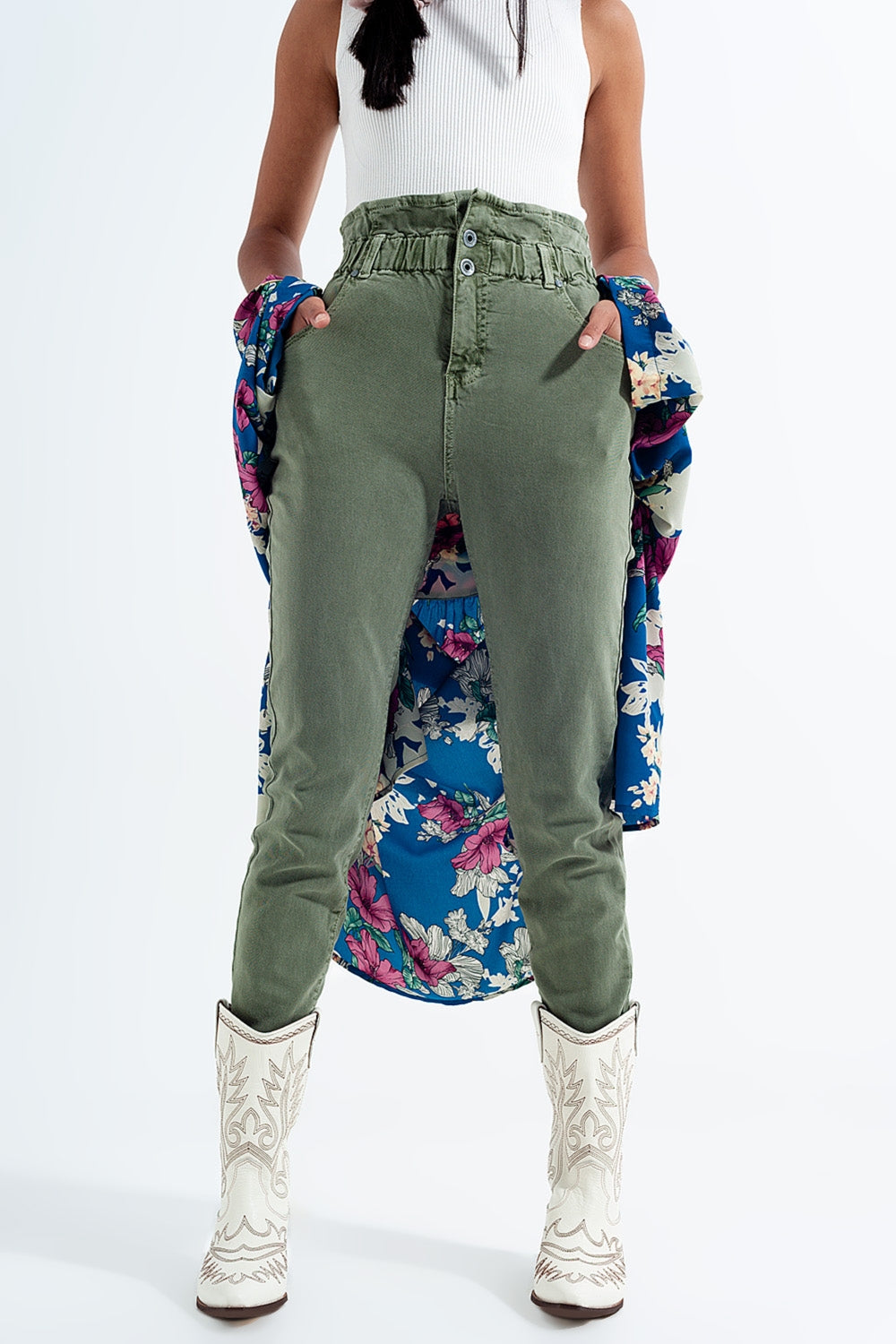 Jean mom à élastique taille haute froncée kaki