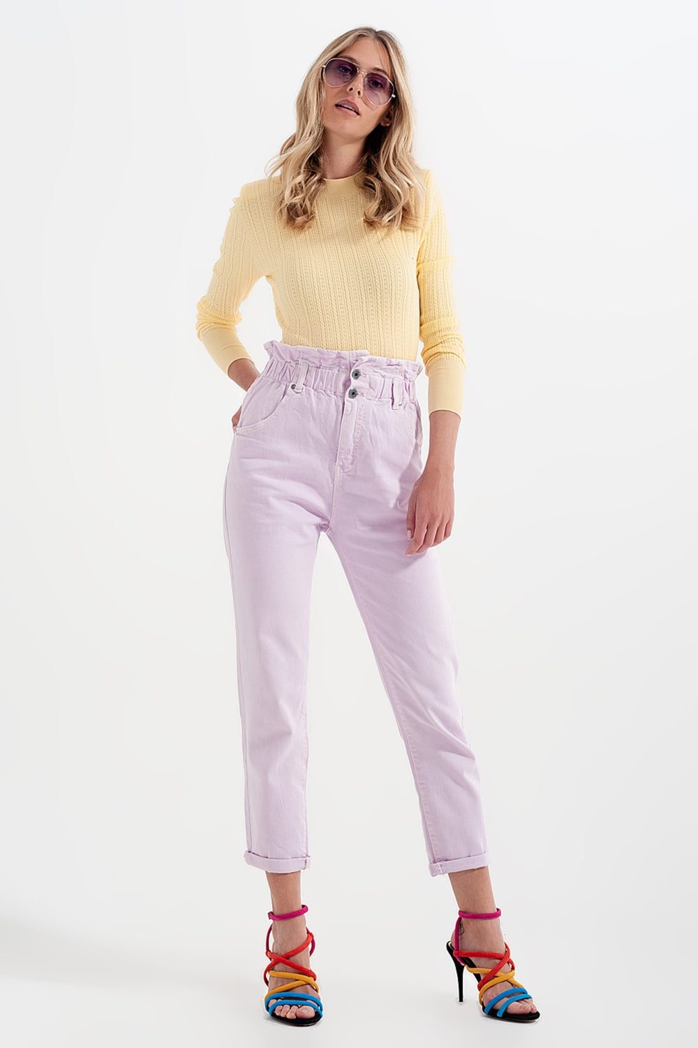 Jean mom à élastique taille haute froncée lilas