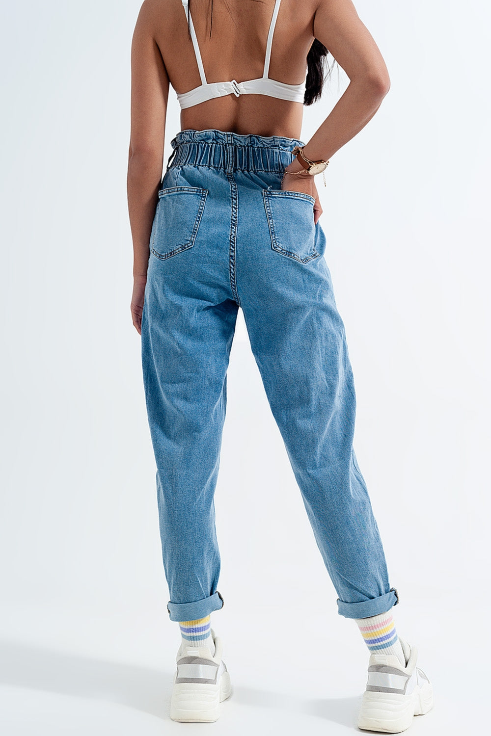Jean mom à taille haute froncée Bleu moyen