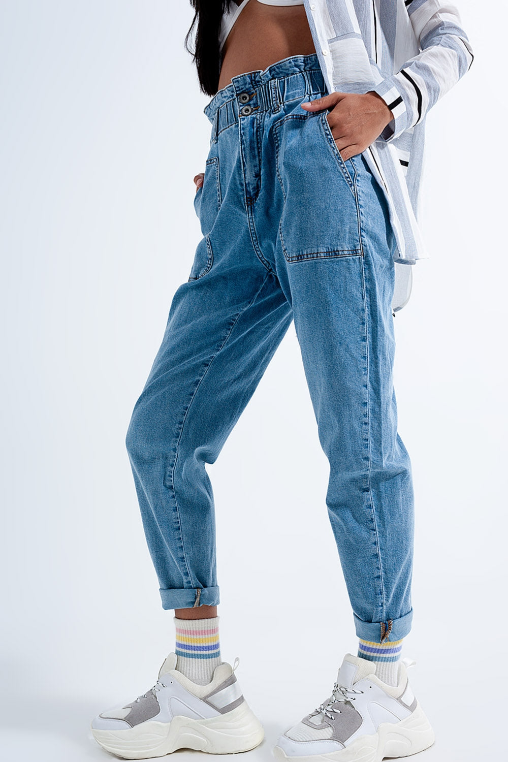 Jean mom à taille haute froncée Bleu moyen