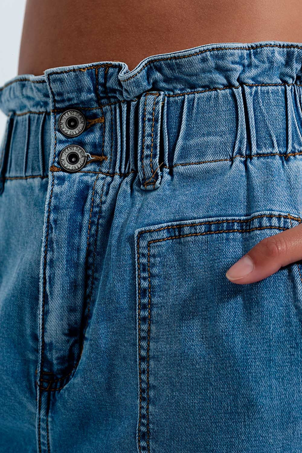 Jean mom à taille haute froncée Bleu moyen