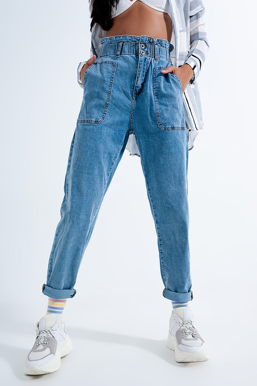 Jean mom à taille haute froncée Bleu moyen