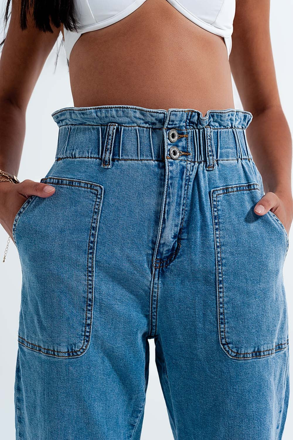 Jean mom à taille haute froncée Bleu moyen