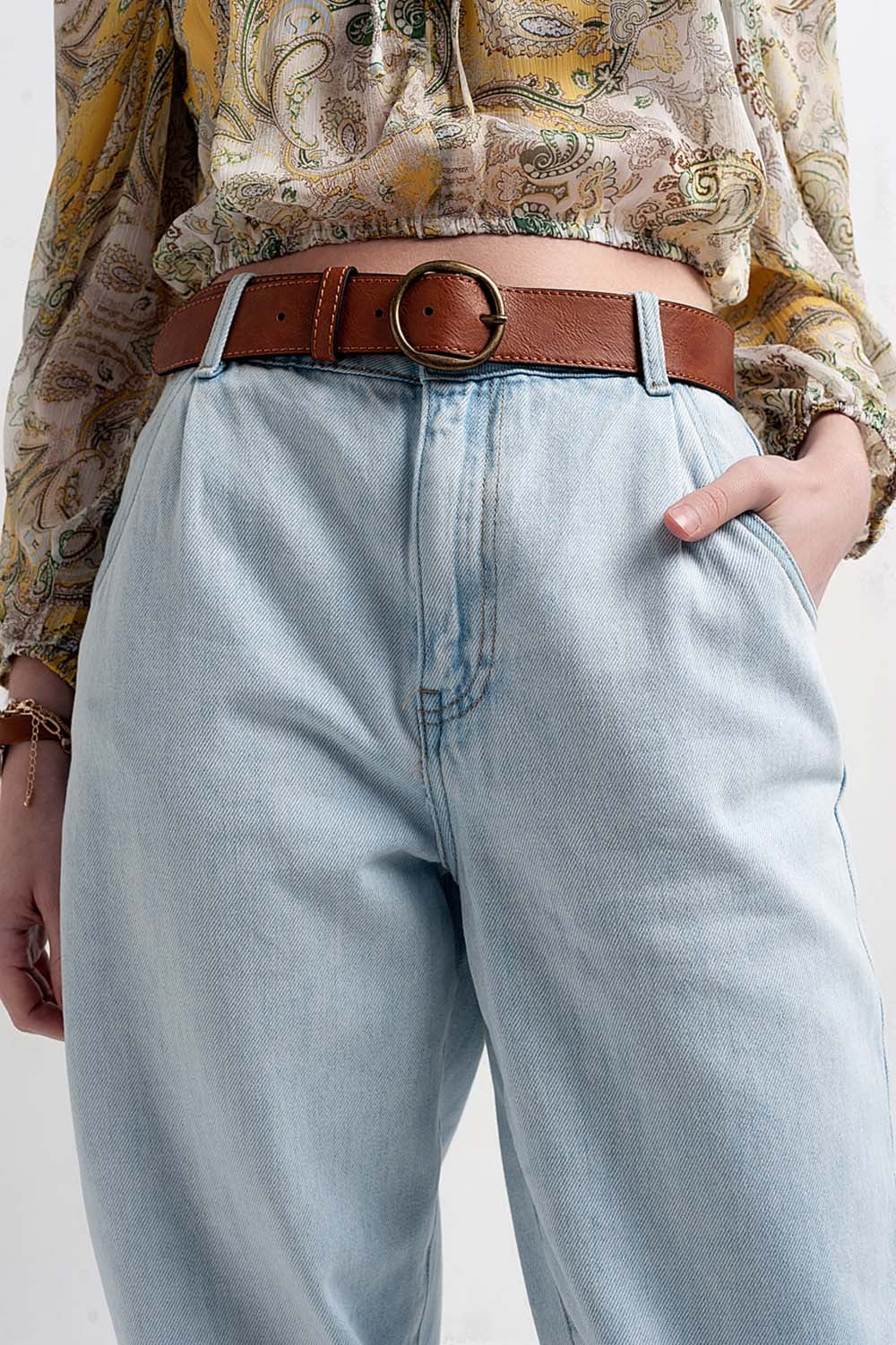 Jean mom ample taille haute Délavage clair