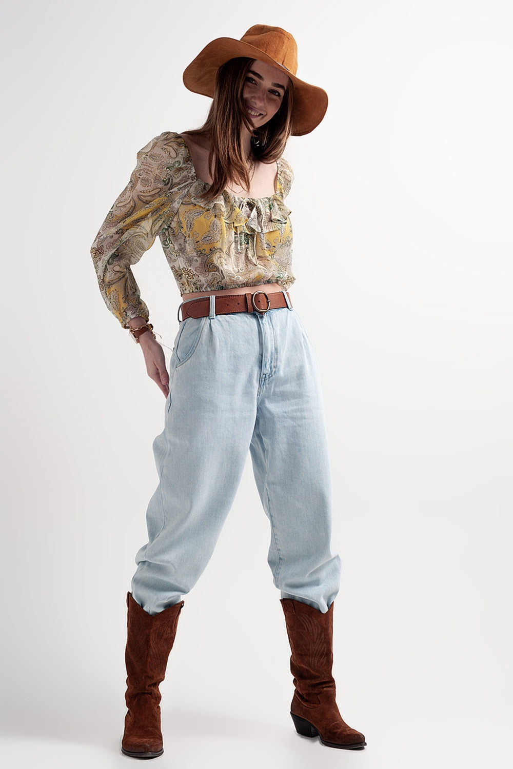 Jean mom ample taille haute Délavage clair