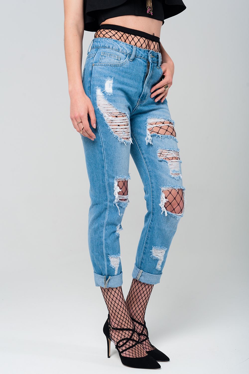 Jean mom avec détail résille