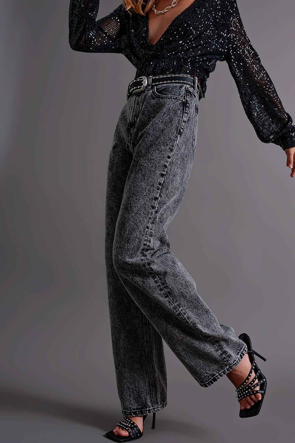 Q2 Jean mom de qualité supérieure à taille haute noir