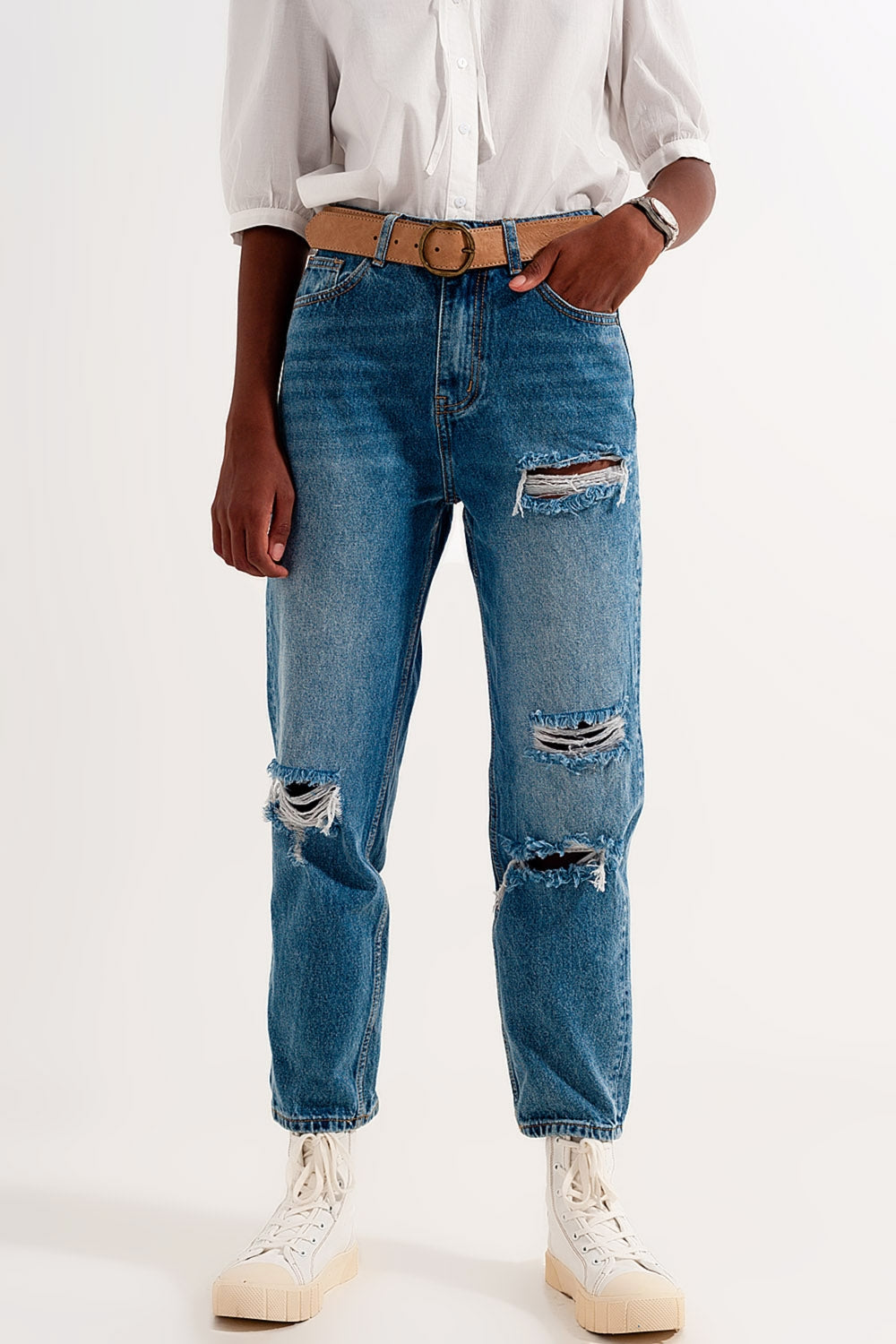 Jean mom délavé Bleu