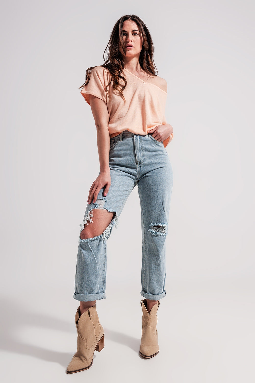 Jean mom taille haute à déchirures Délavage clair