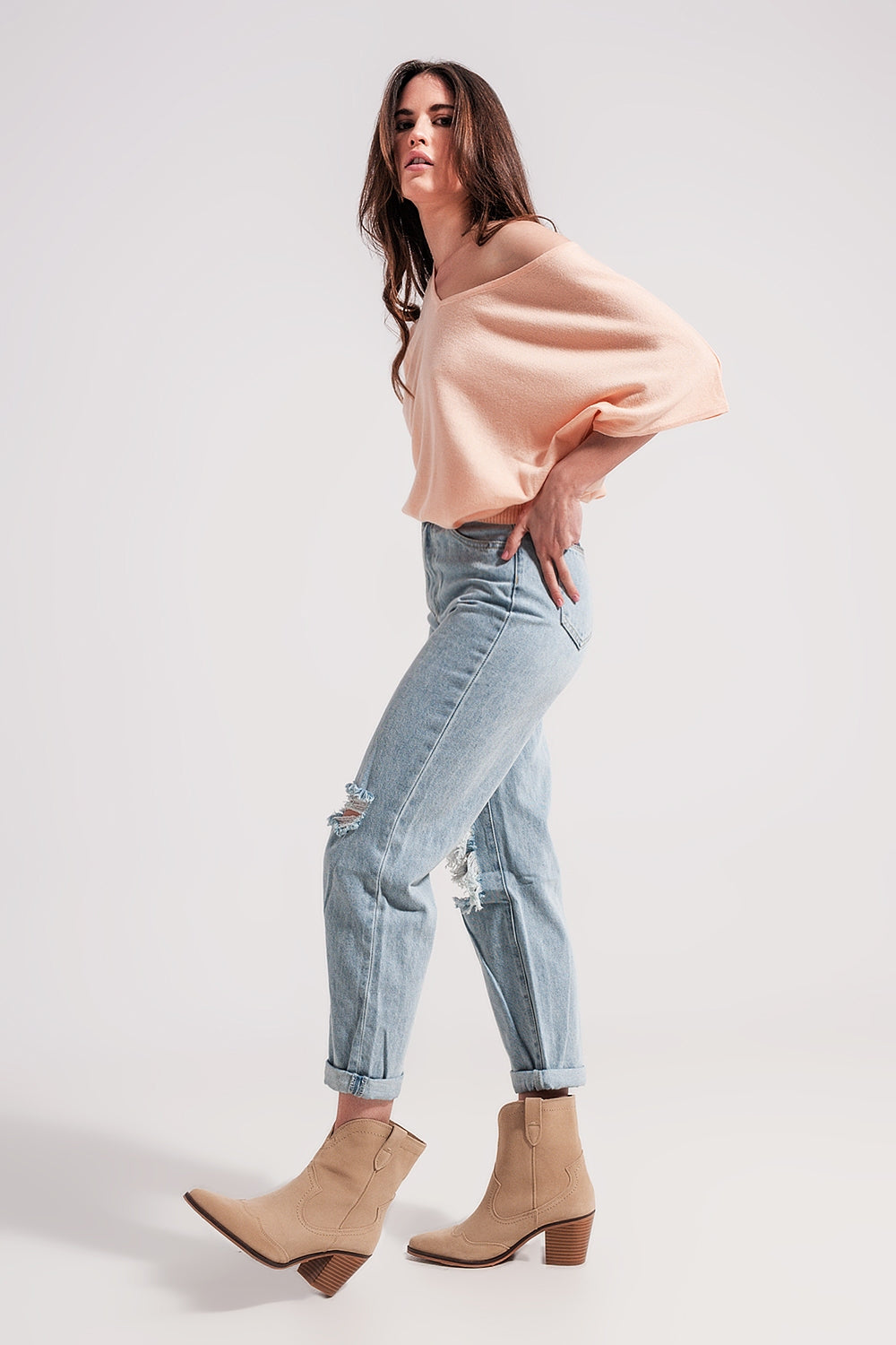 Jean mom taille haute à déchirures Délavage clair