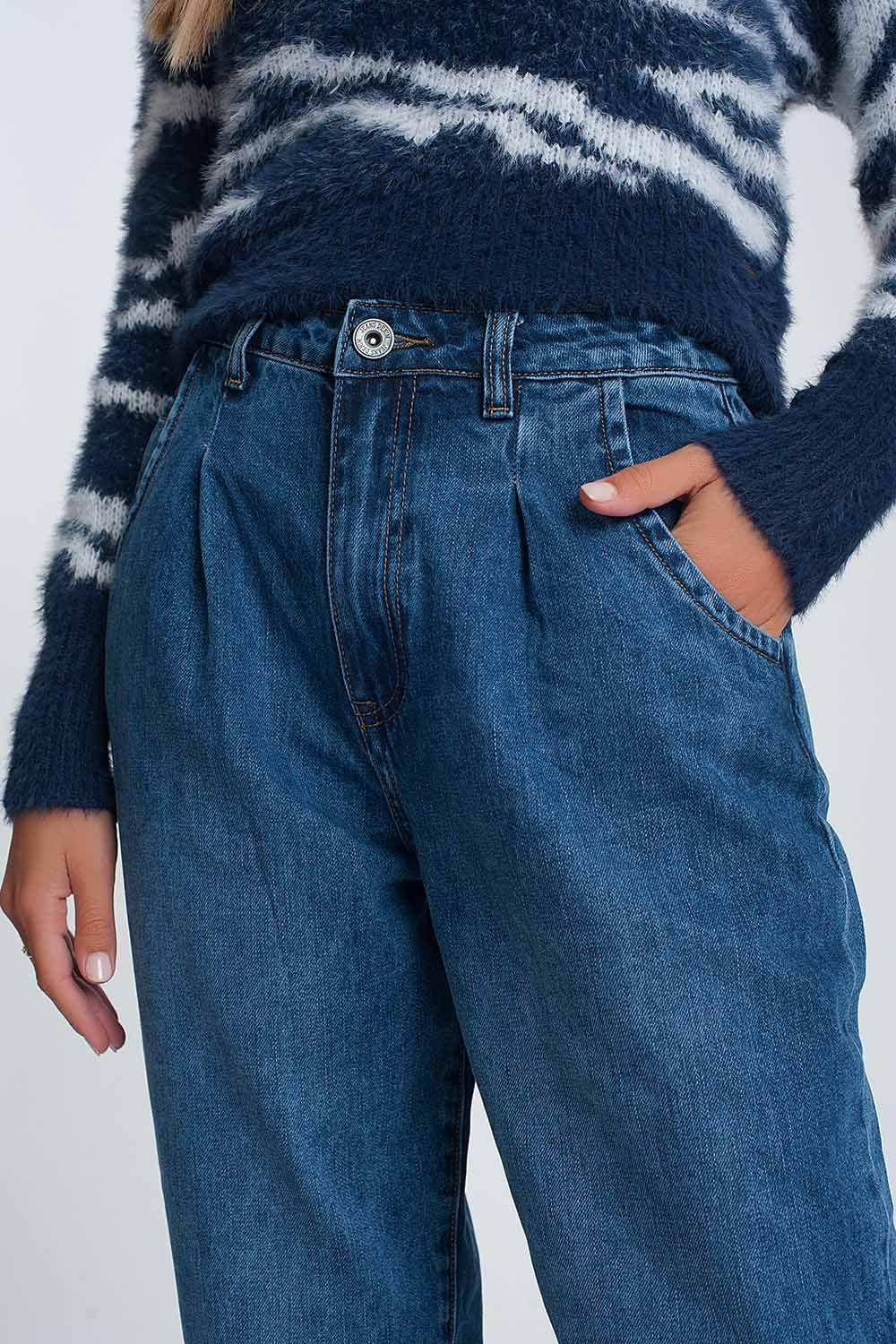 Jean mom taille haute avec deux volants à la taille en bleu délavé foncé