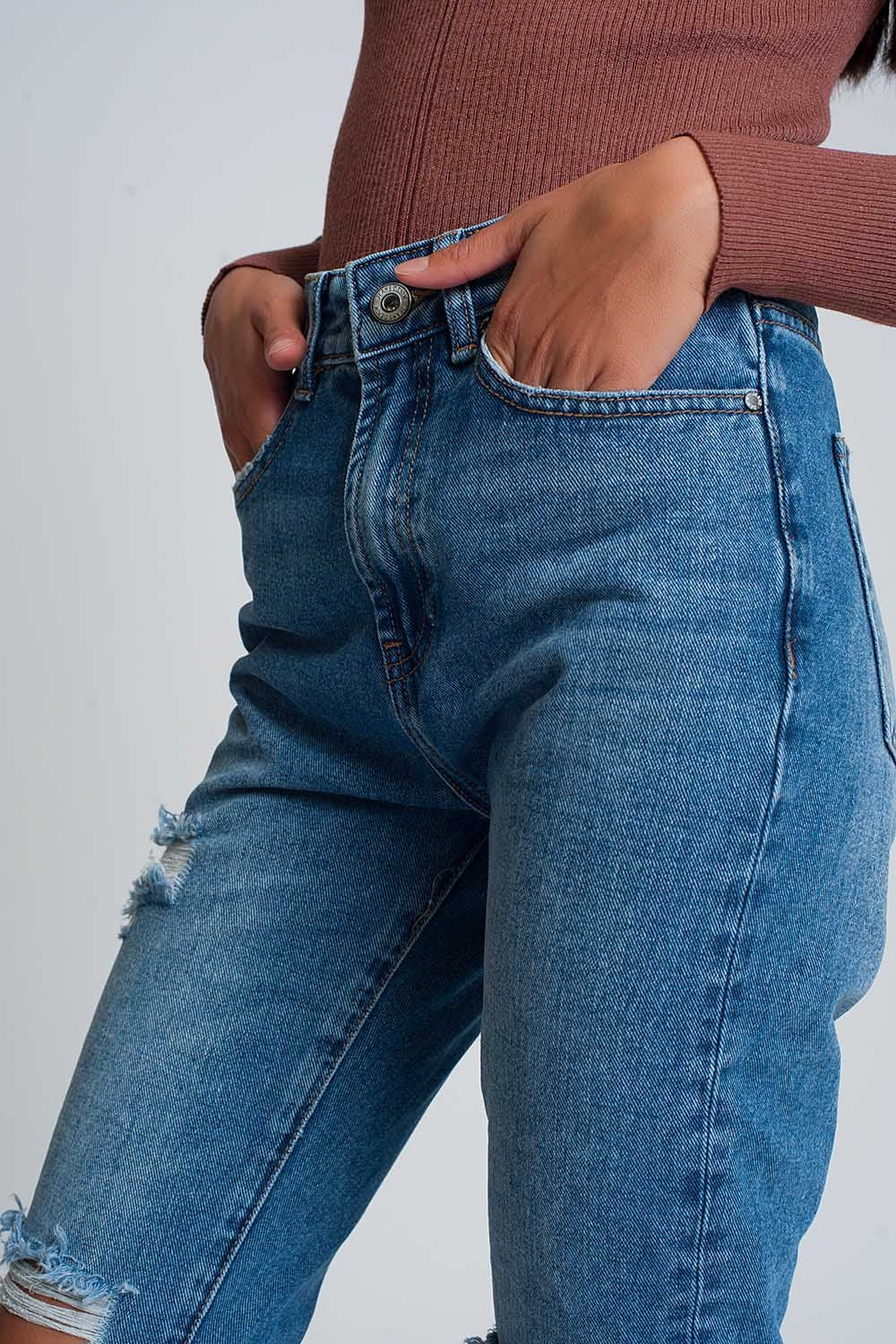 Jean mom taille haute avec genoux déchirés en bleu délavé foncé