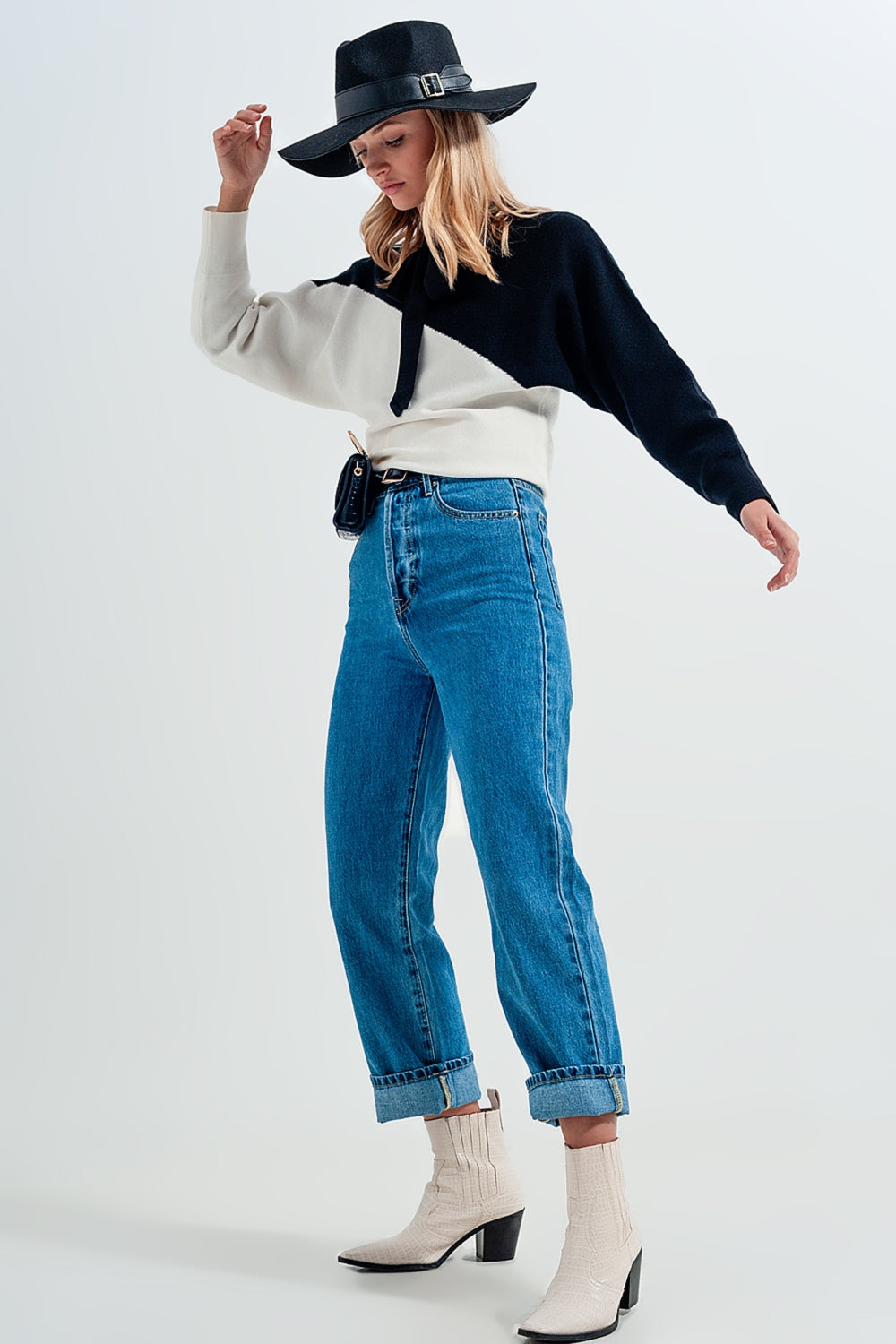 Jean mom taille haute Bleu