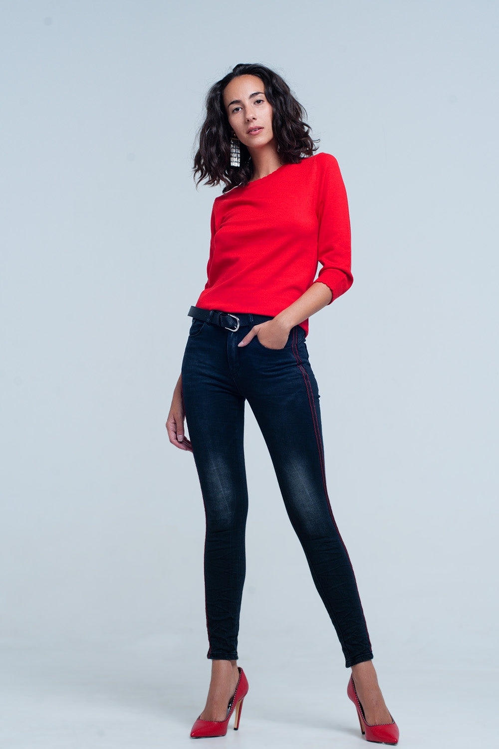 Jean noir skinny avec bandes sur les côtés
