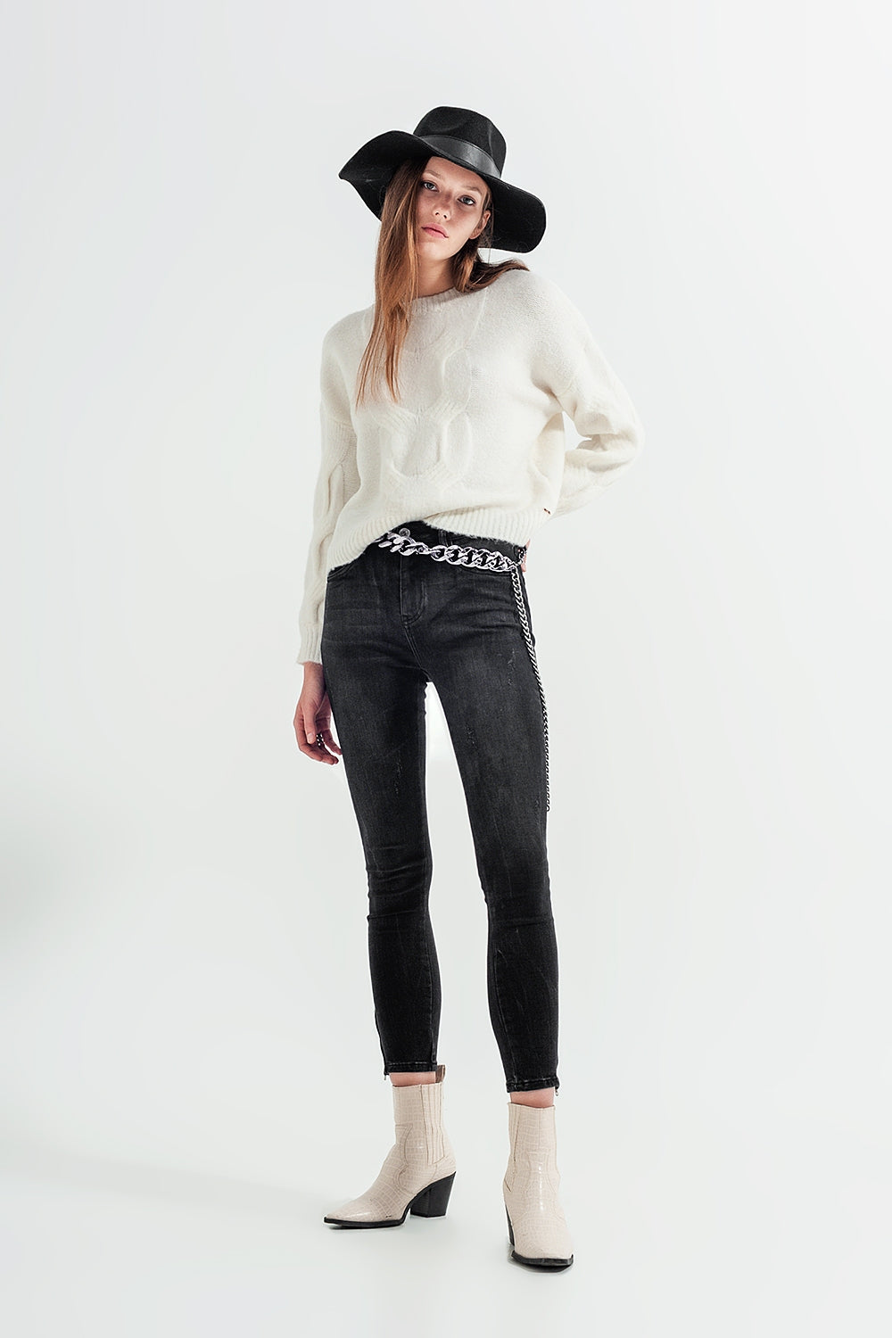 Jean skinny à cheville zippée noir délavé