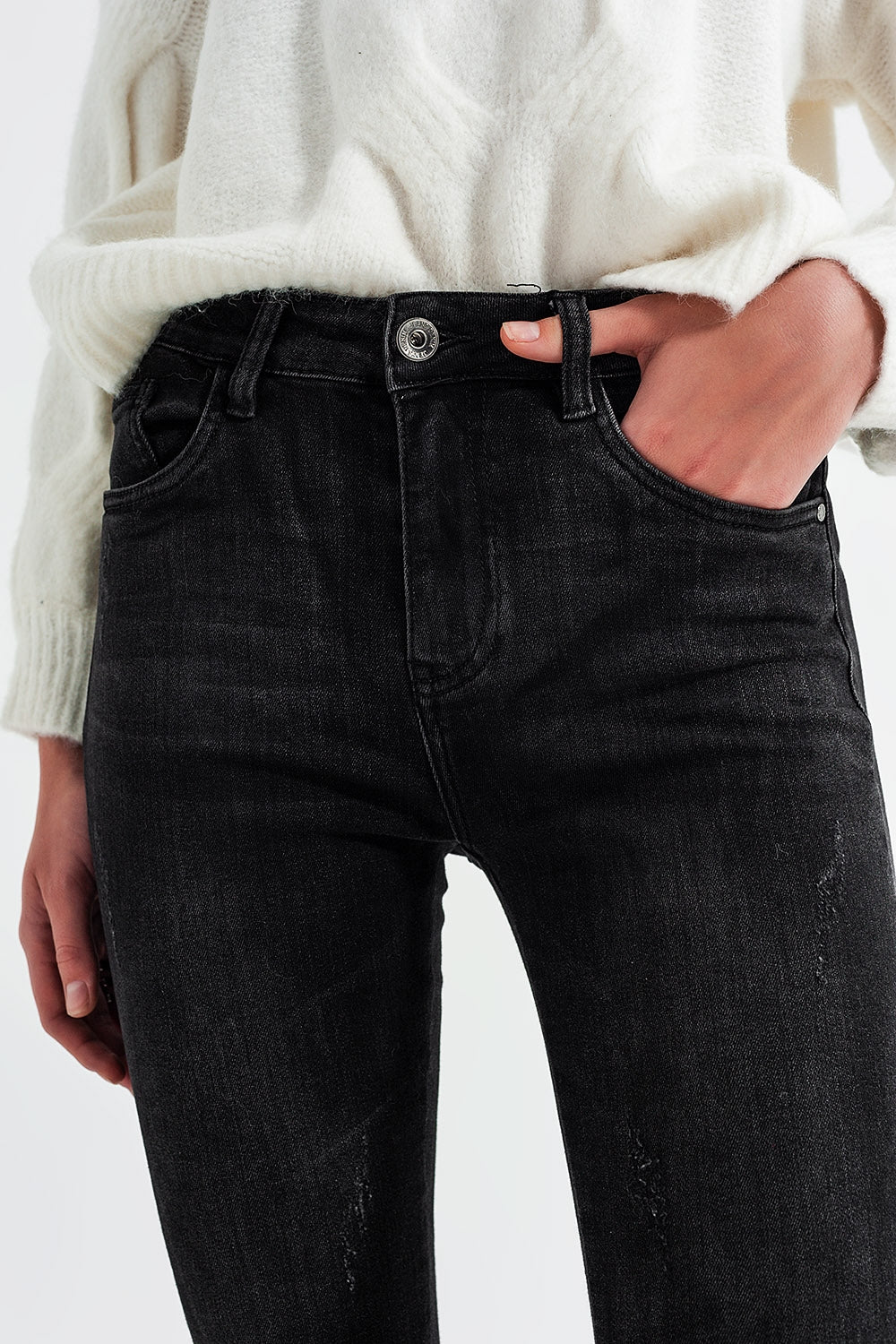 Jean skinny à cheville zippée noir délavé