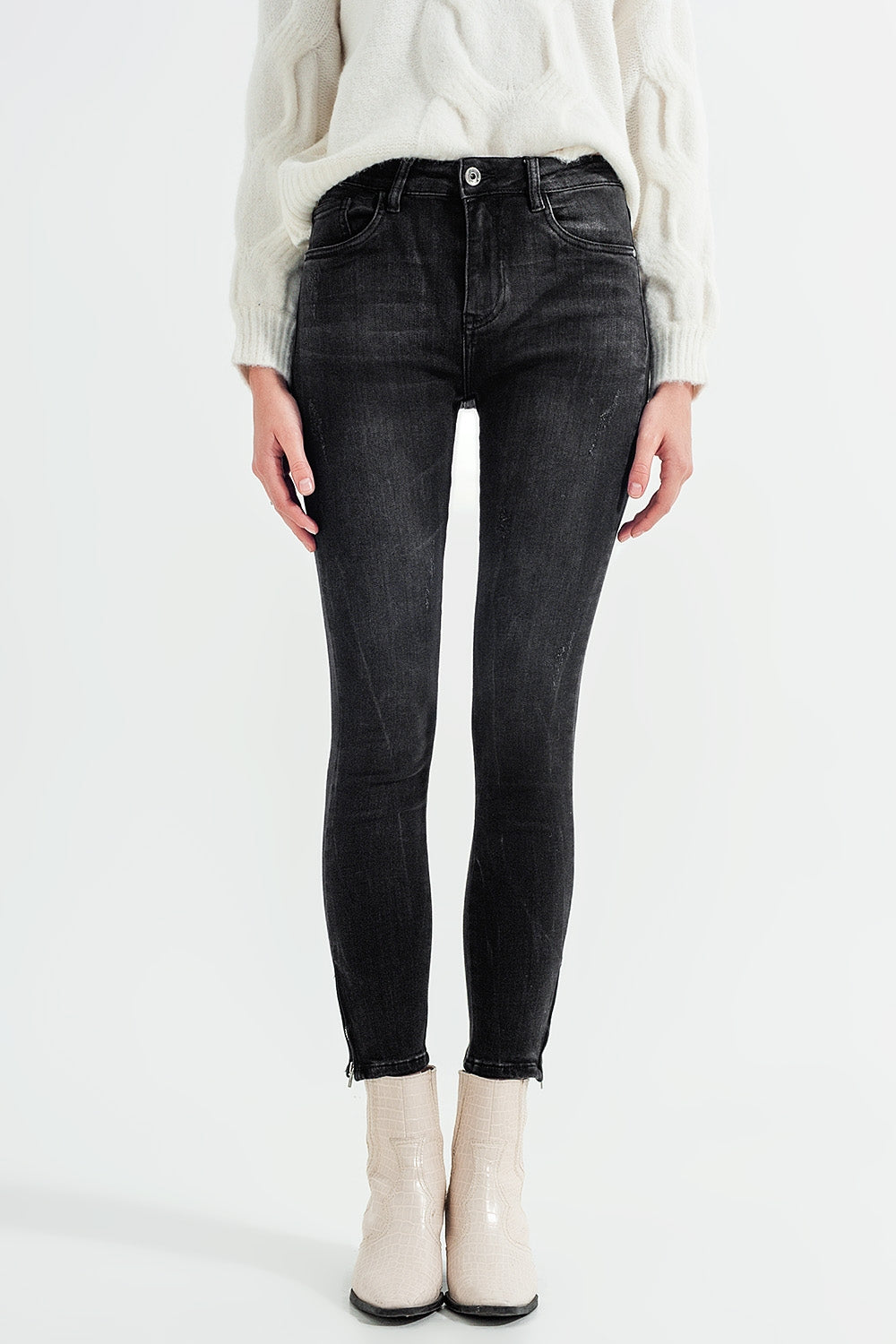 Jean skinny à cheville zippée noir délavé