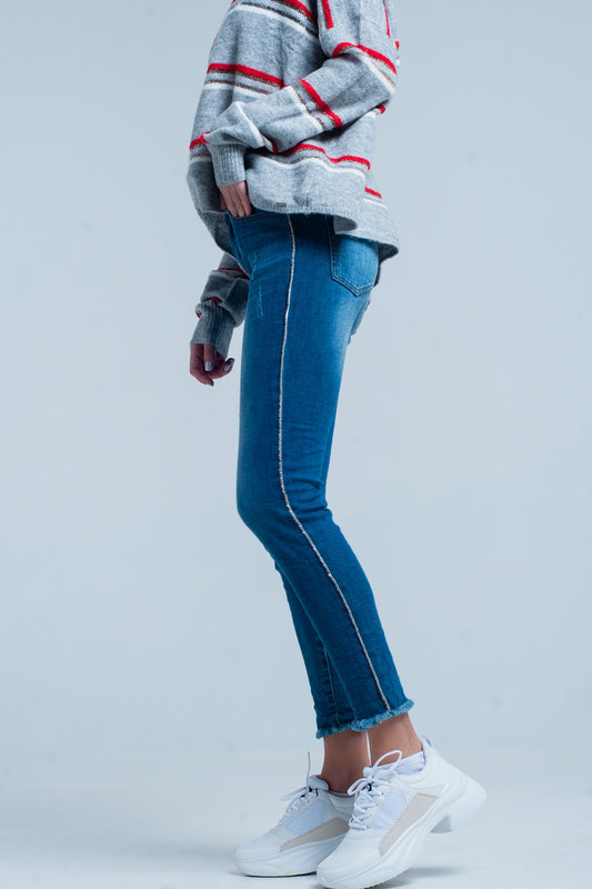 Q2 Jean skinny à franges avec bande latérale en strass