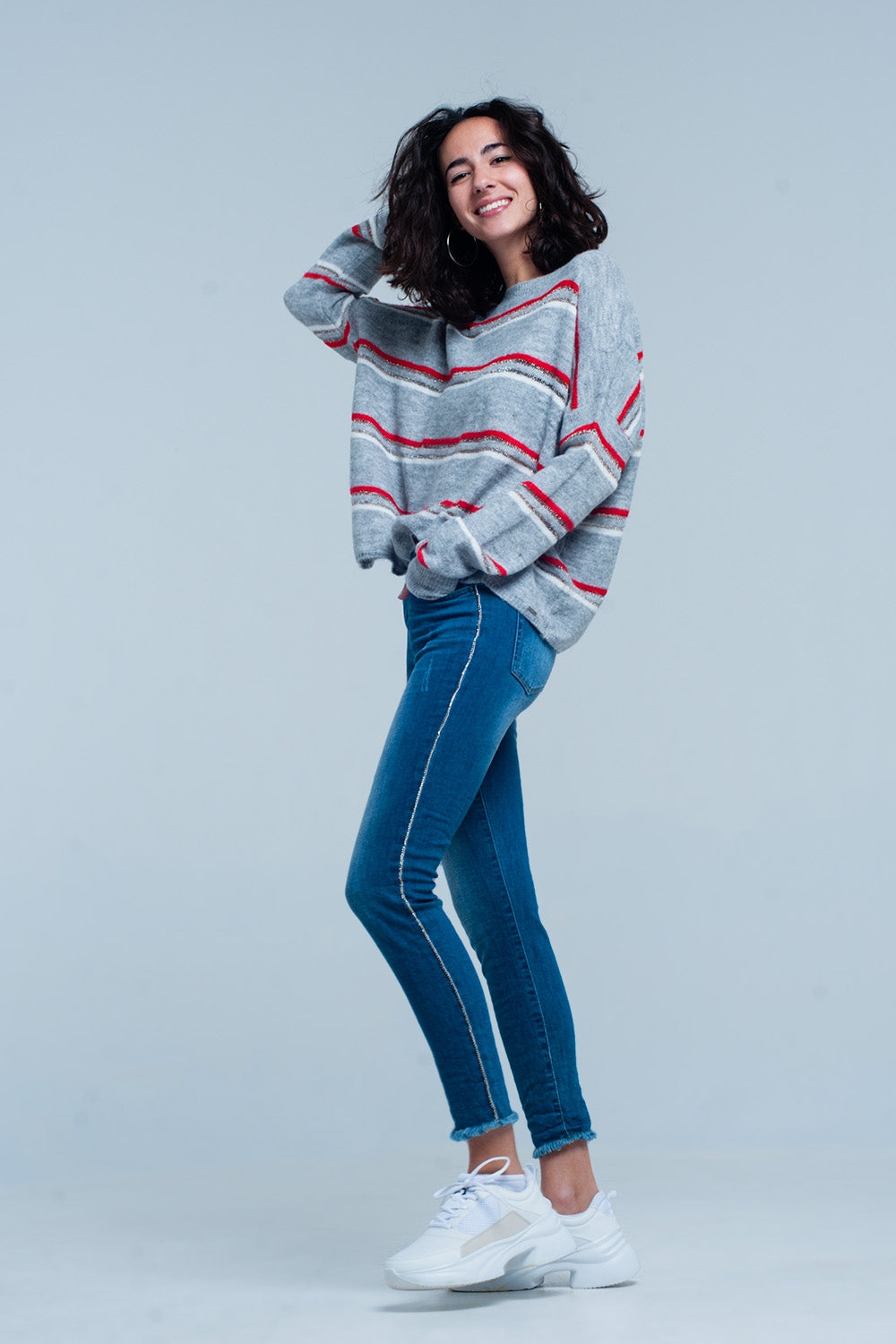 Jean skinny à franges avec bande latérale en strass