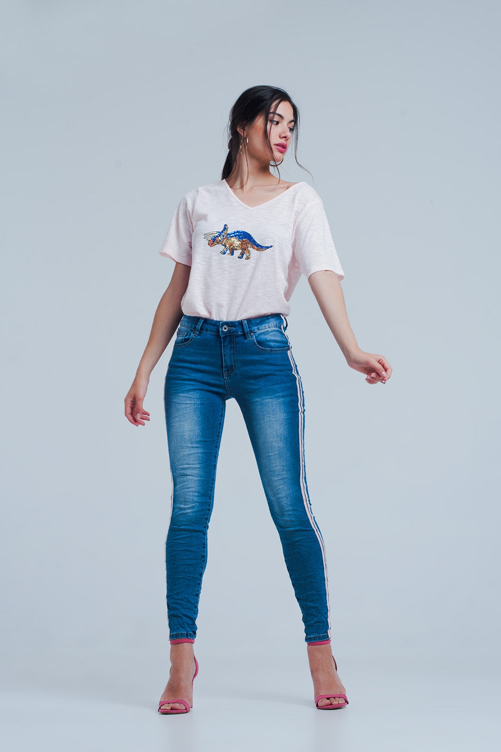 Jean skinny à rayures latérales roses