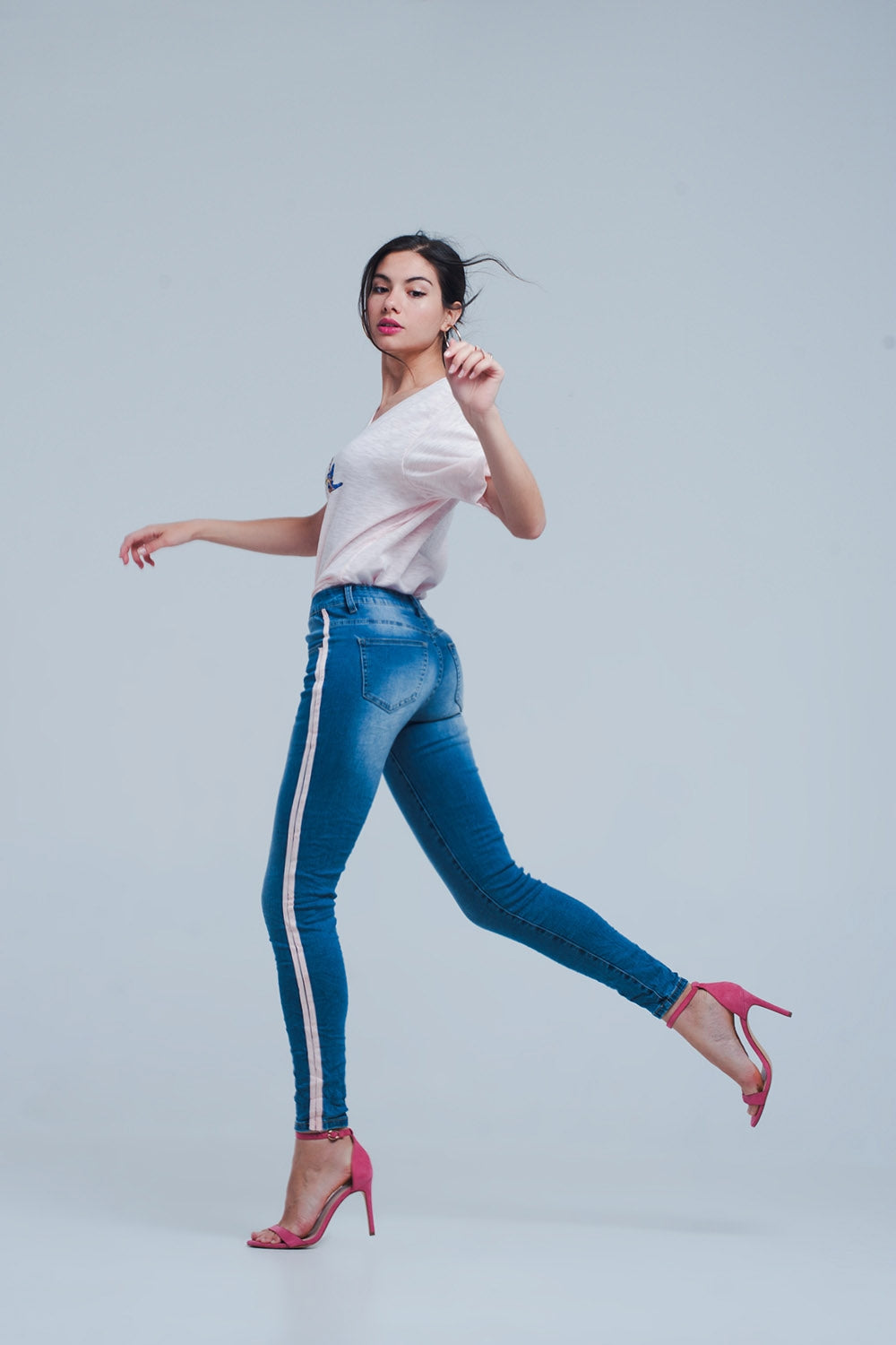 Jean skinny à rayures latérales roses