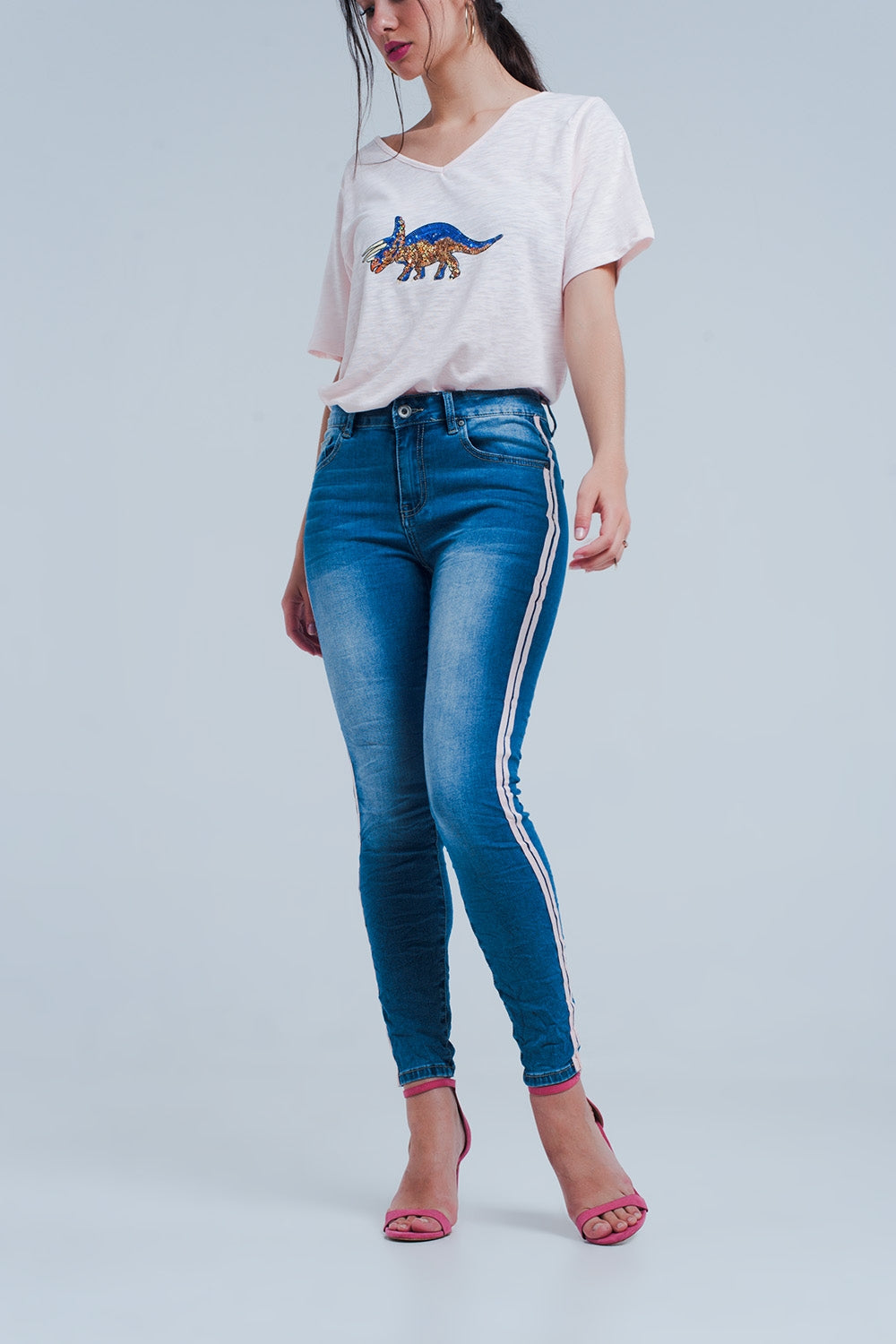 Jean skinny à rayures latérales roses
