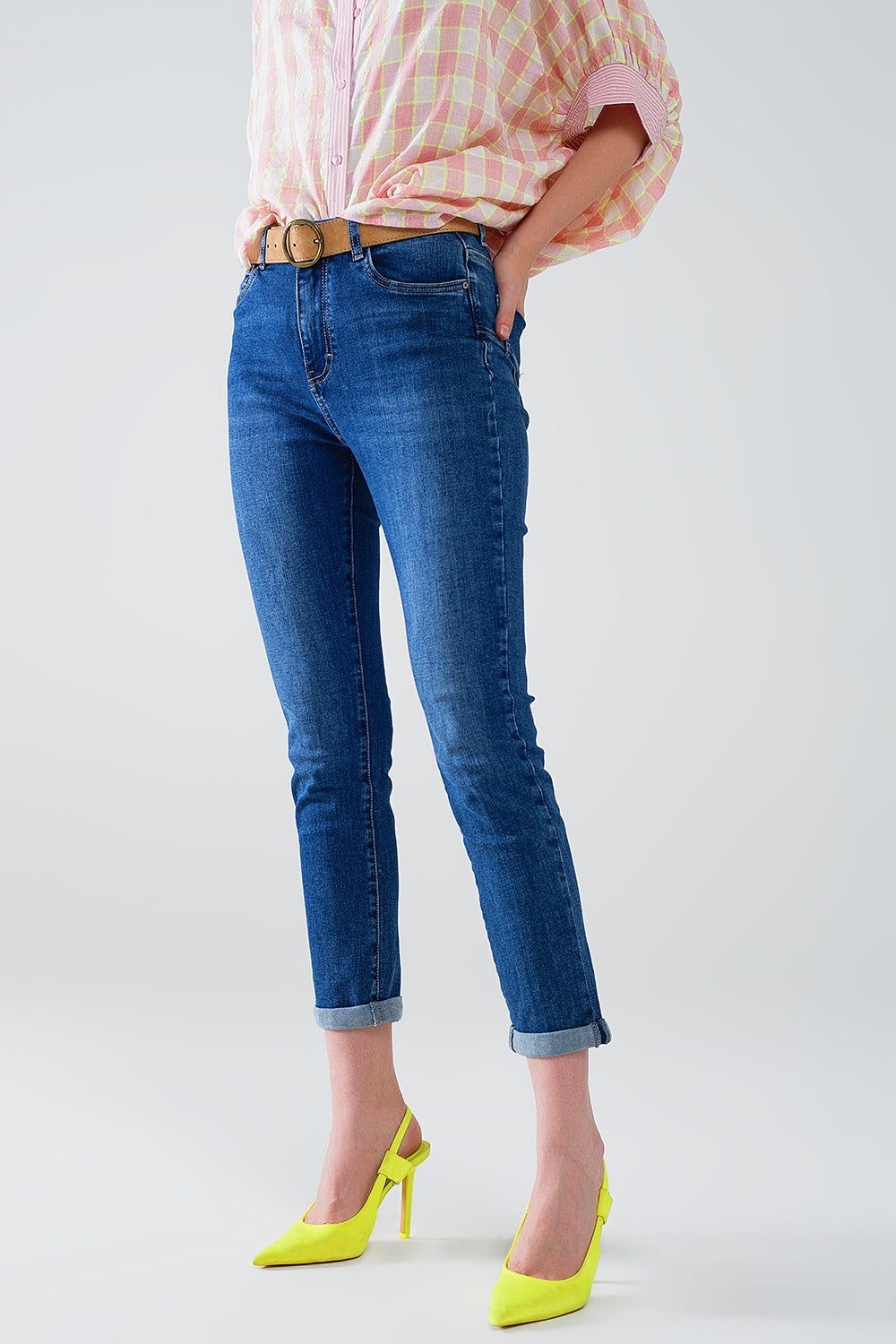 Jean skinny à taille haute délavé foncé avec cinq poches