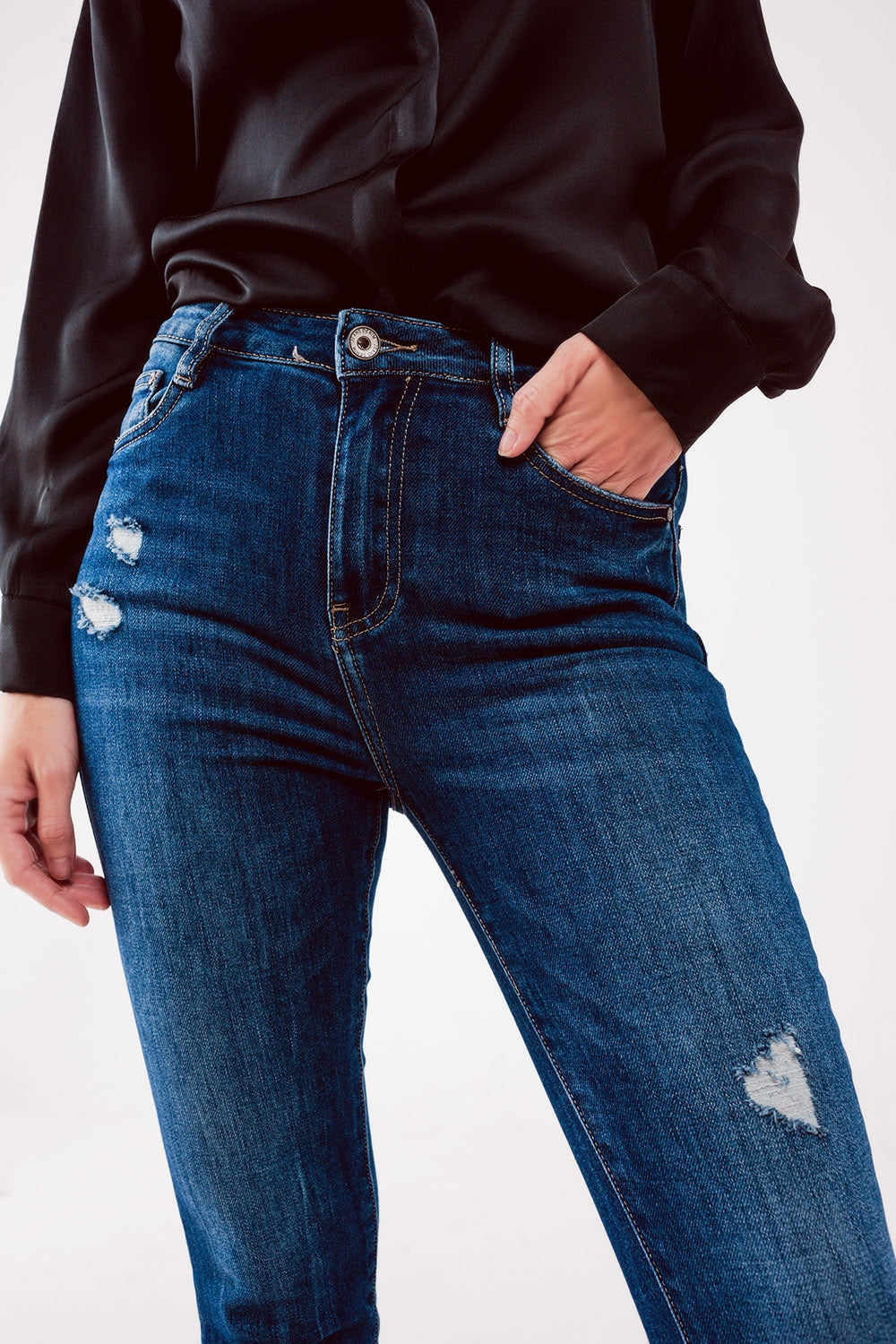 Jean skinny à taille haute et déchirures Bleu délavé moyen