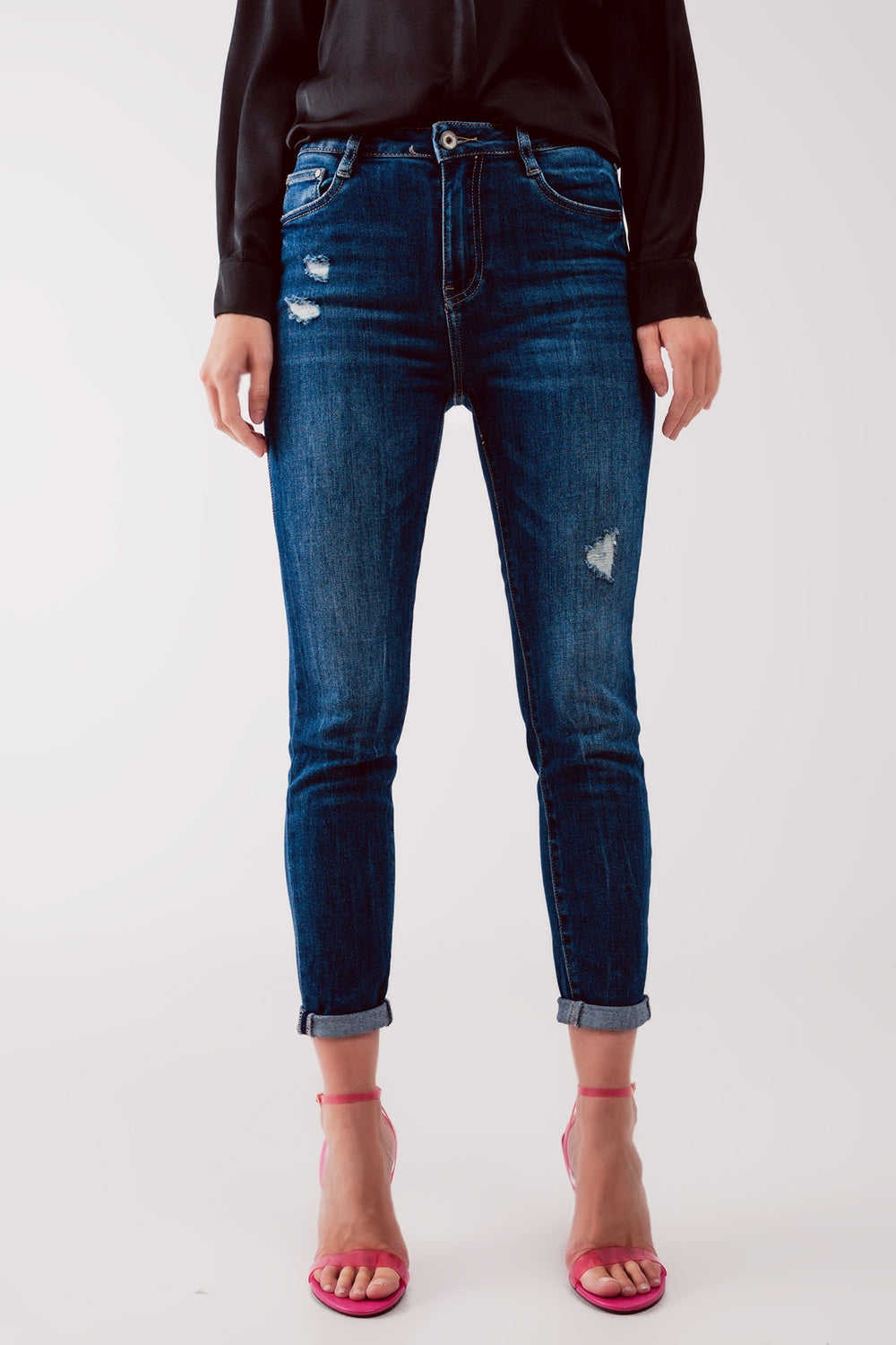 Jean skinny à taille haute et déchirures Bleu délavé moyen