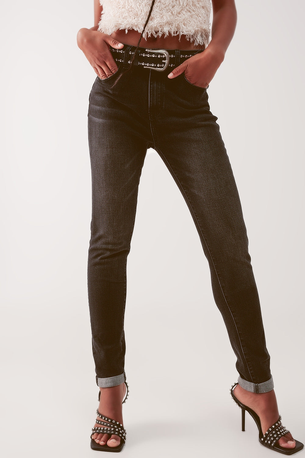 Jean skinny à taille très haute Noir délavé