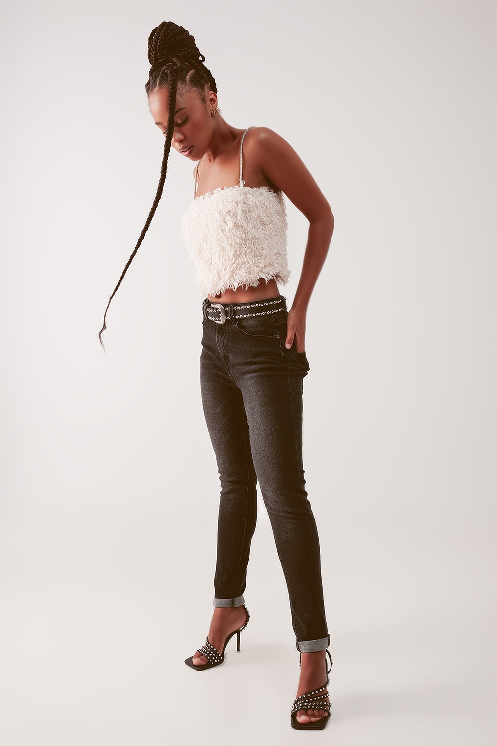 Jean skinny à taille très haute Noir délavé