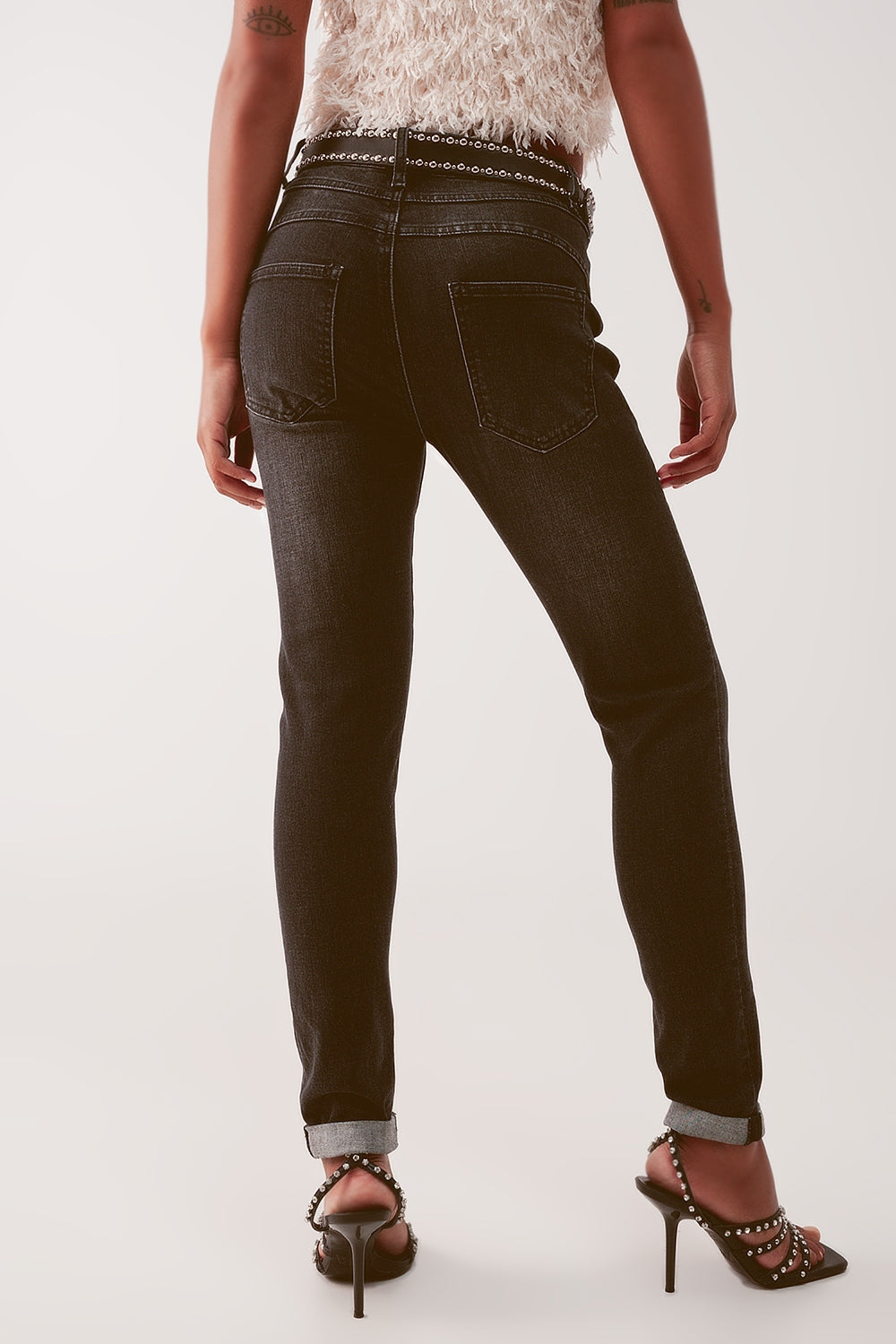 Jean skinny à taille très haute Noir délavé