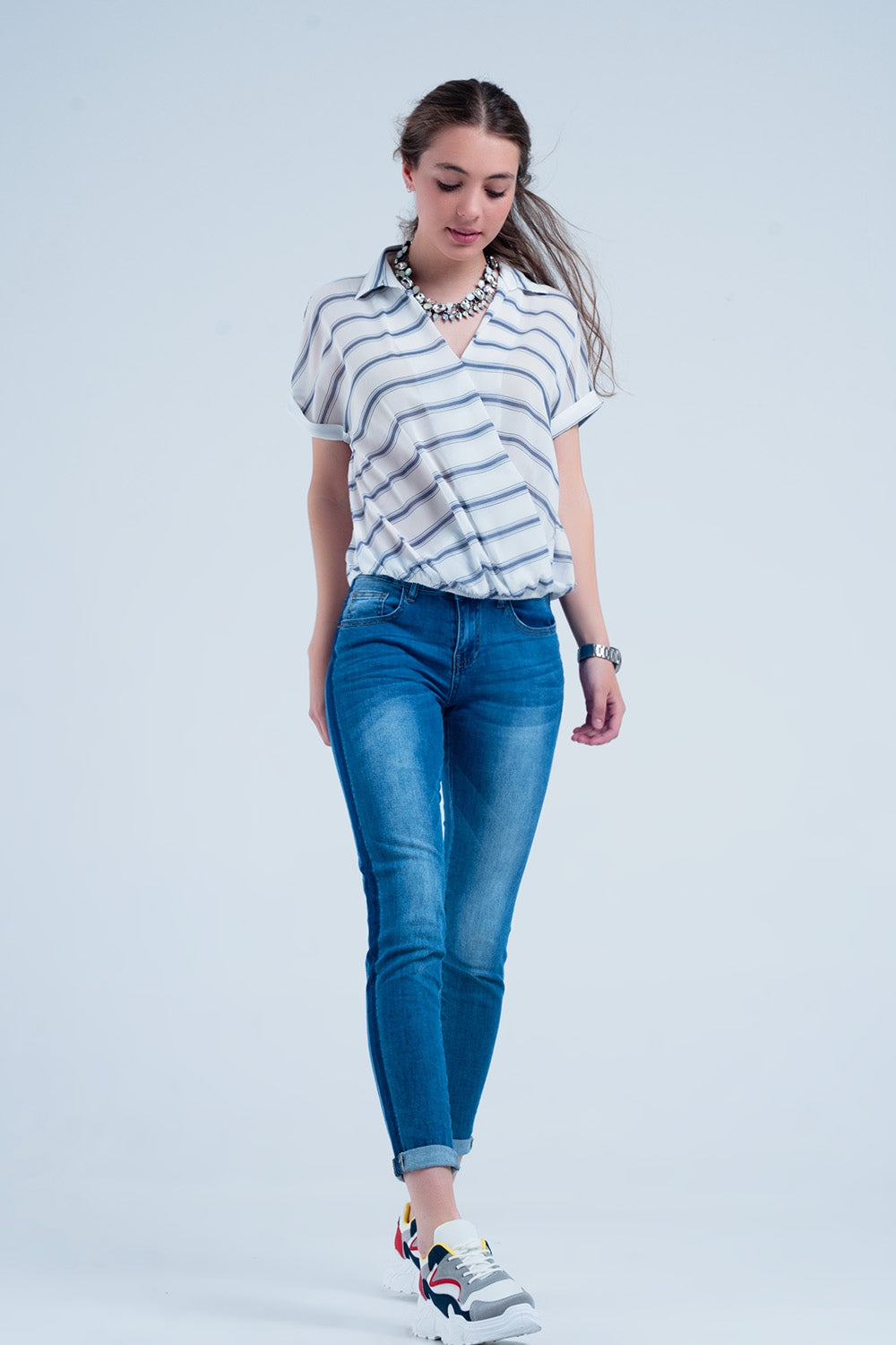 Jean skinny avec bandes bleu sur les côtés Bleu délavé