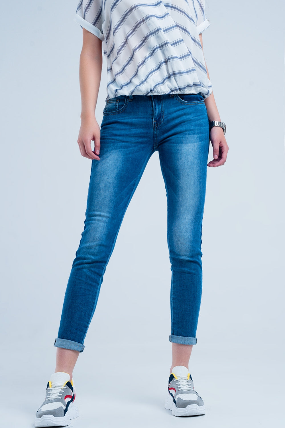 Jean skinny avec bandes bleu sur les côtés Bleu délavé