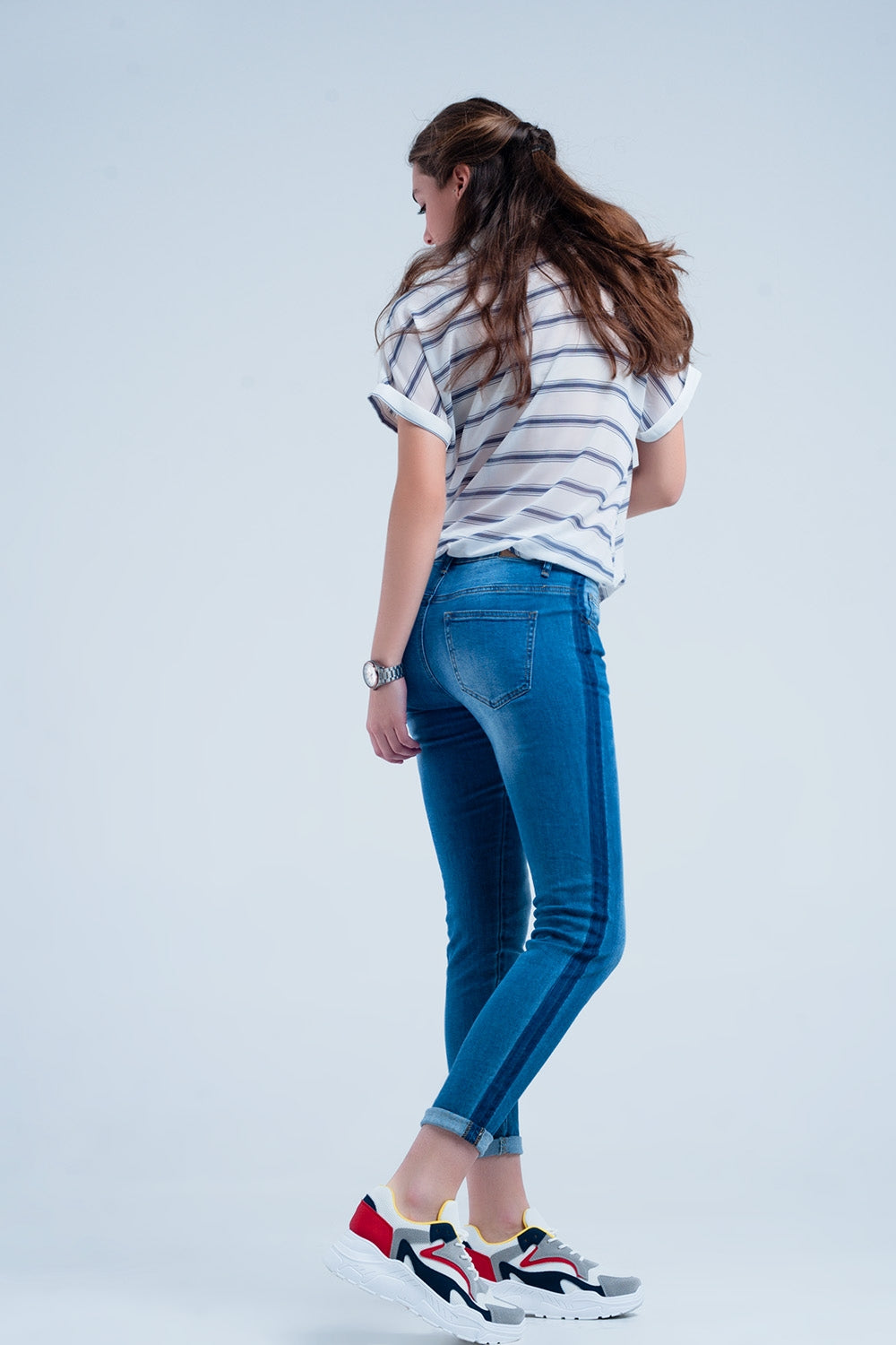 Jean skinny avec bandes bleu sur les côtés Bleu délavé