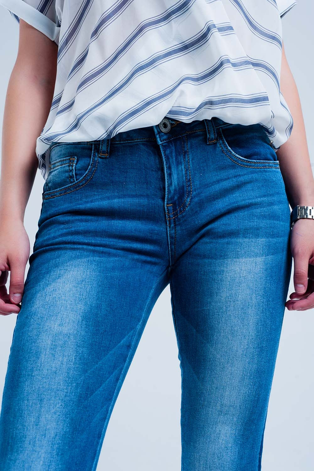 Jean skinny avec bandes bleu sur les côtés Bleu délavé