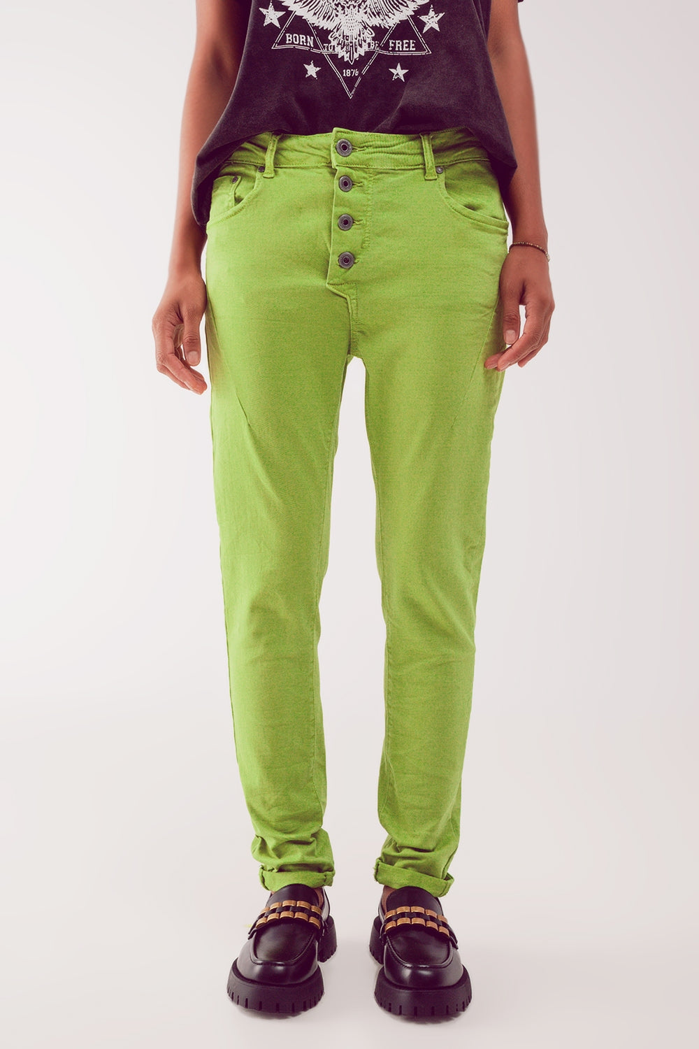 Jean skinny avec boutons visibles vert