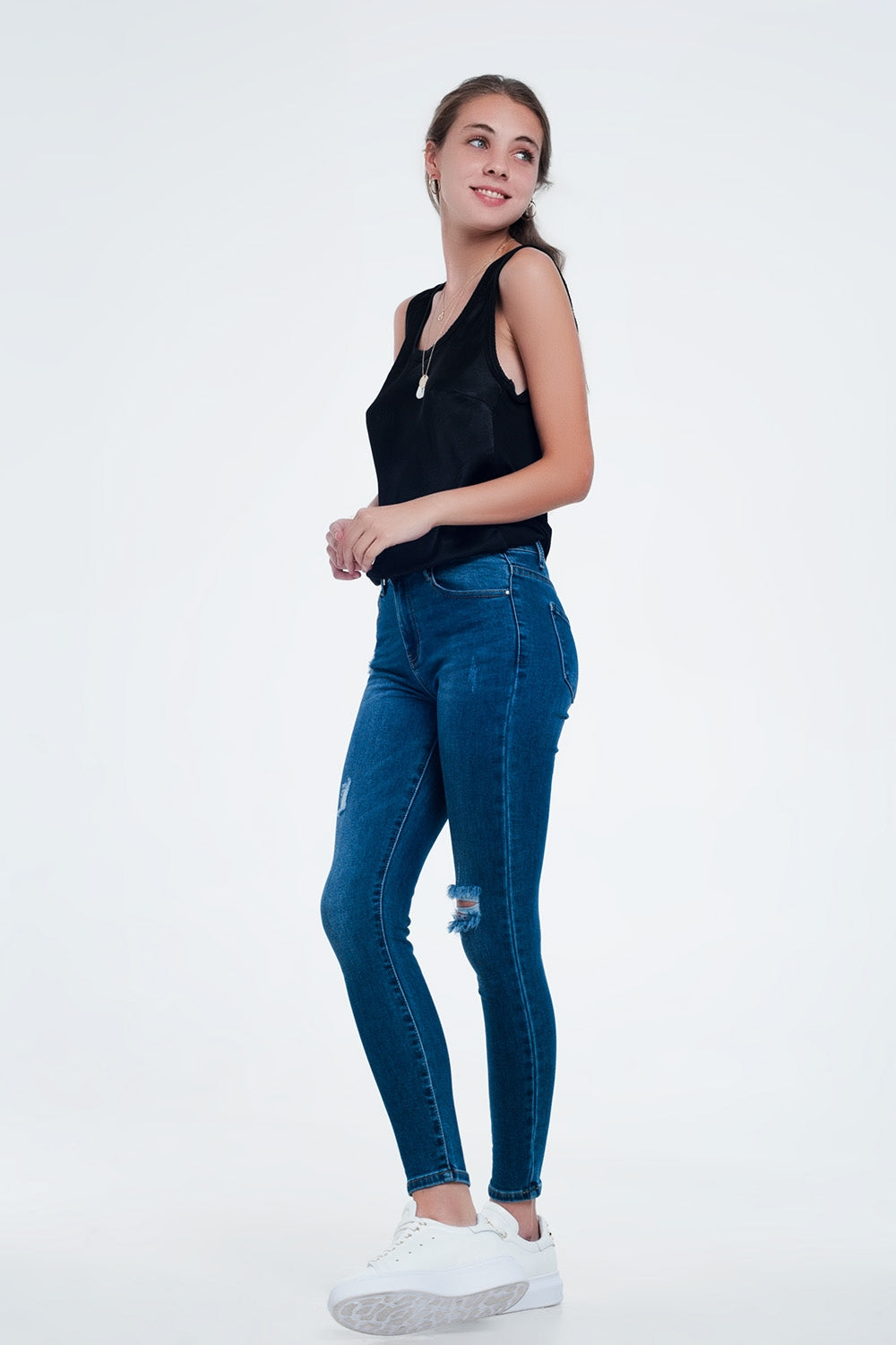 Jean skinny avec déchirures Bleu moyen