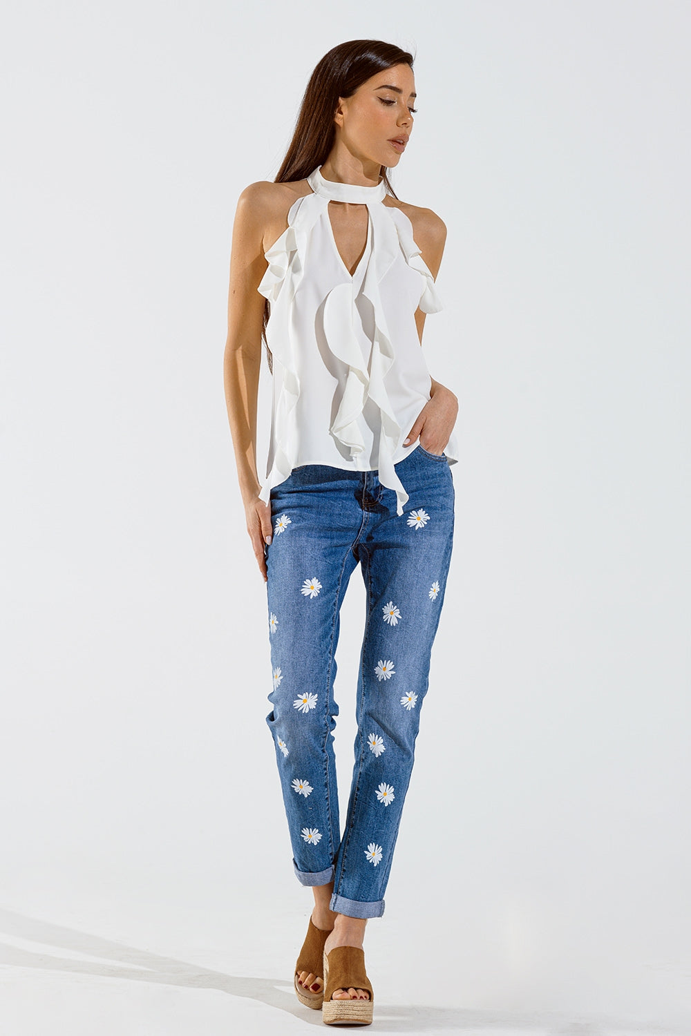 Jean skinny avec marguerites blanches imprimées délavage moyen