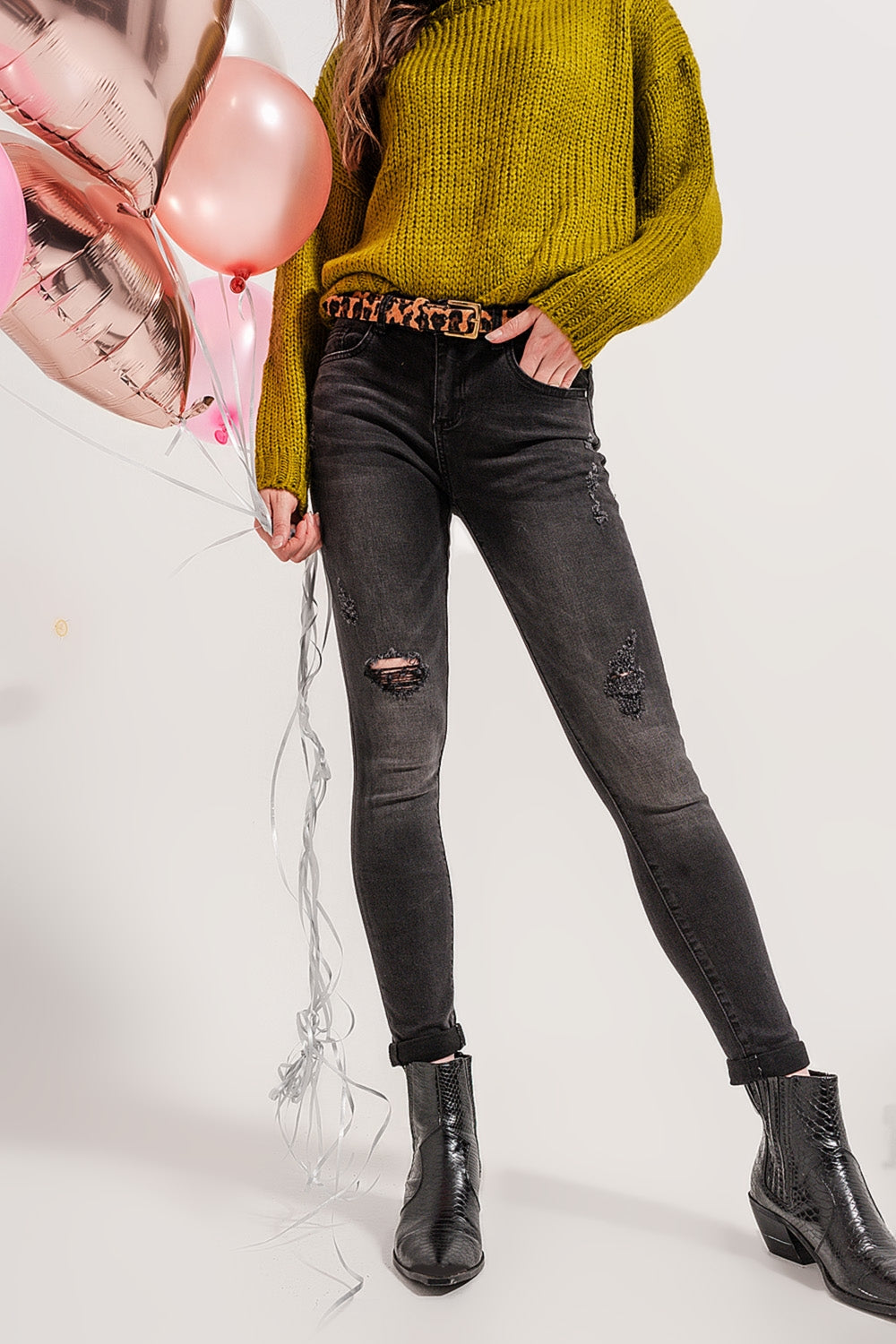 Q2 Jean skinny coupe classique effet vieilli Denim gris