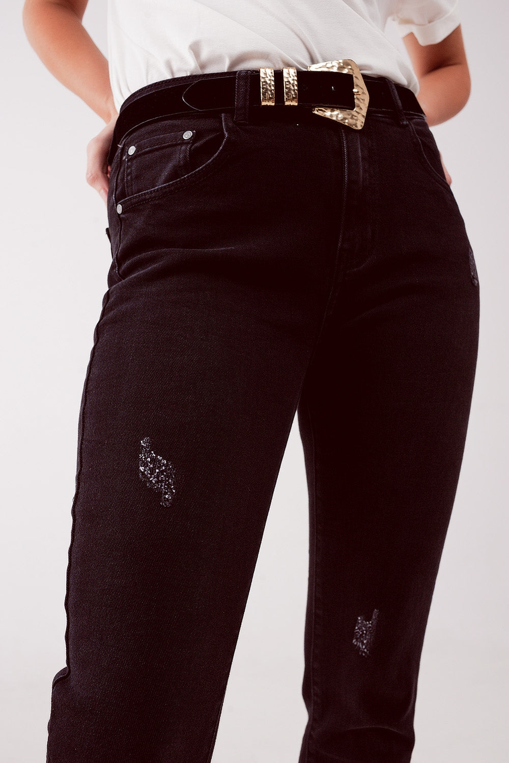 Jean skinny déchiré à taille haute Noir