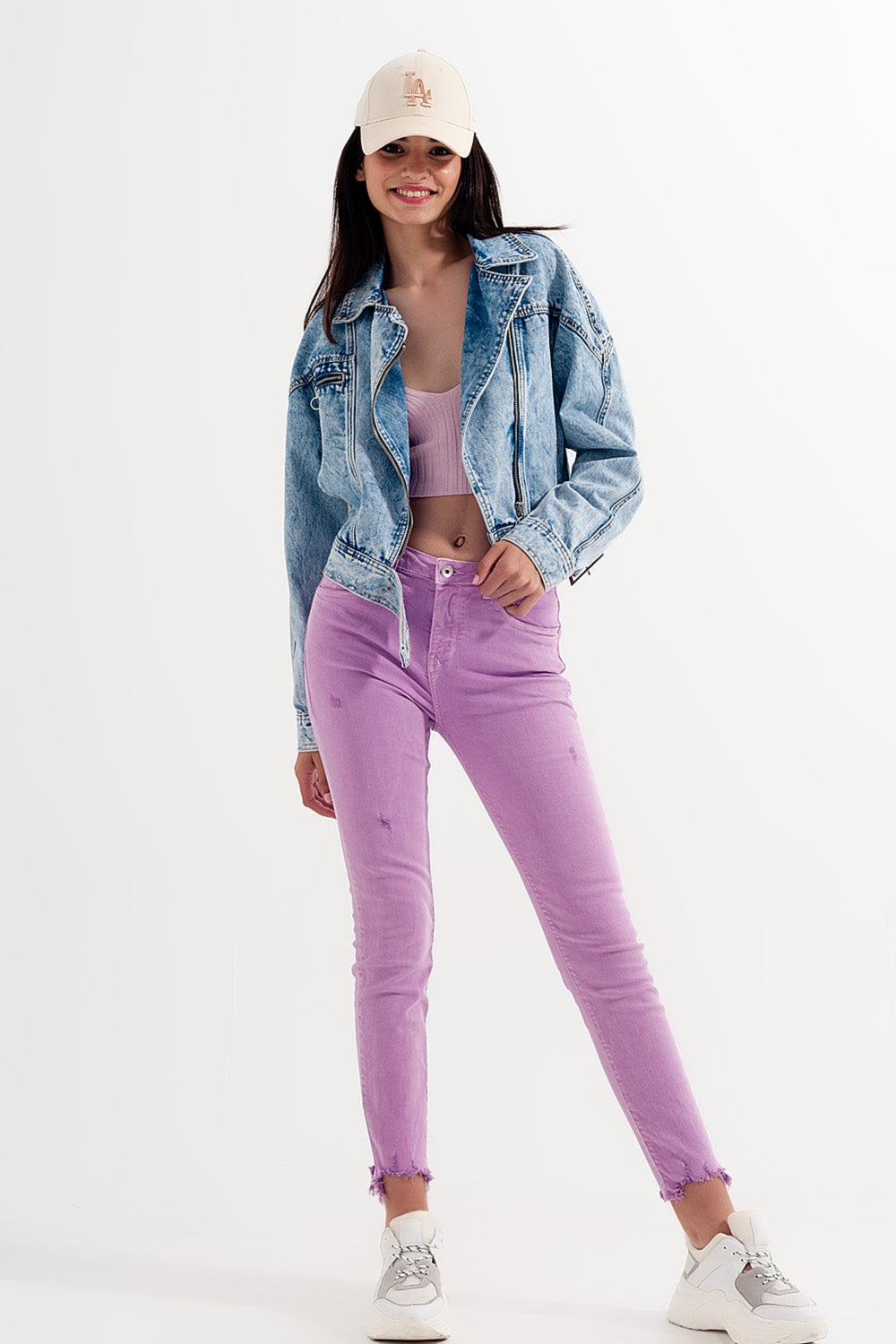 Jean skinny effet vieilli à ourlet brut lilas